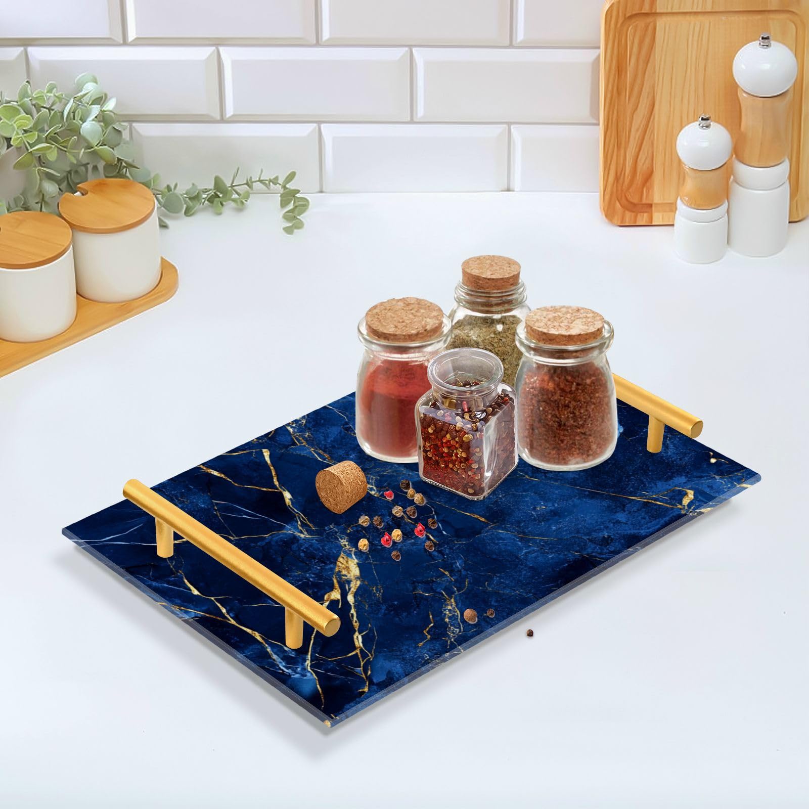 Bandeja decorativa grande con textura de mármol azul y dorado con asas, bandeja perfecta para servir desayuno, joyas, perfumes y plato, diseño de plástico
