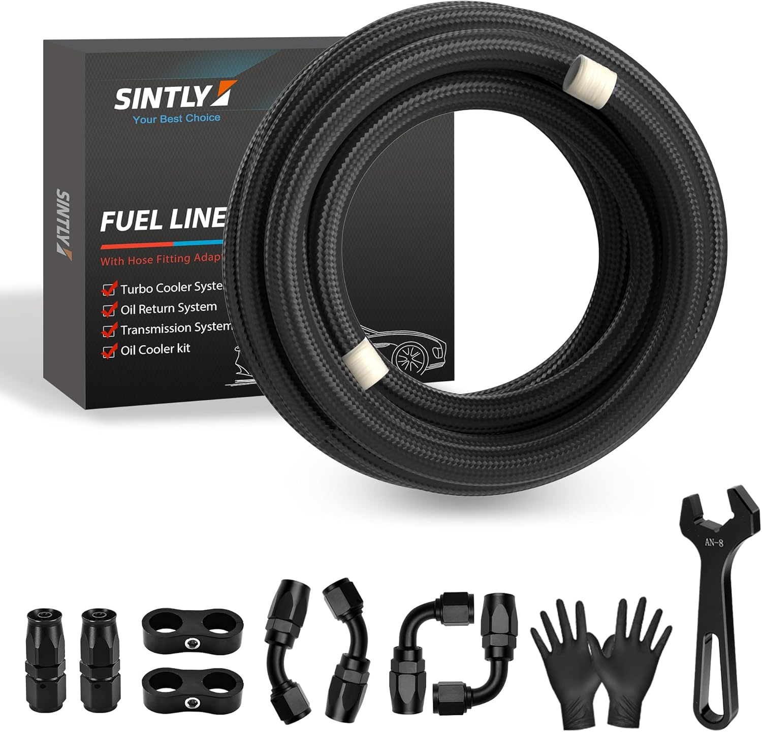 8AN 20FT PTFE Fuel Line Hose Kit, AN8 E85 Nylon Braided Fuel Line with 10PCS PTFE Fuel Hose Fitting Adapter Kit Black
