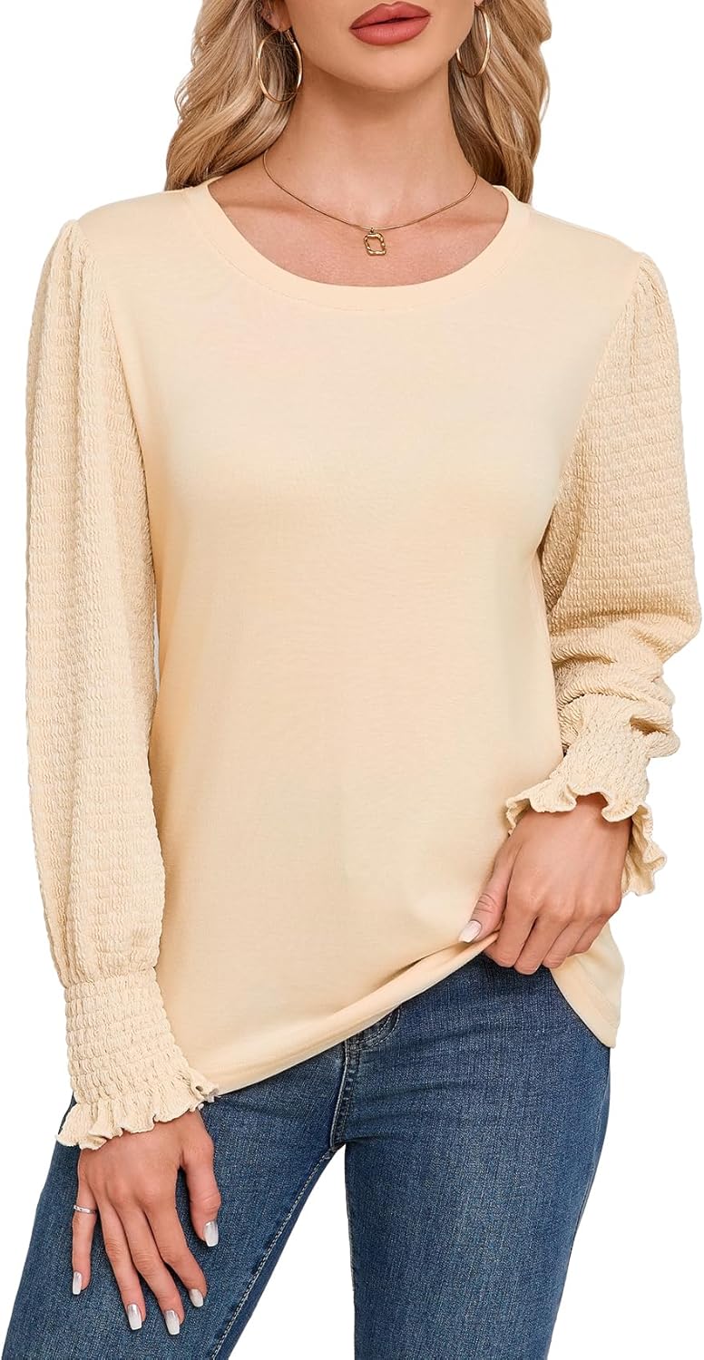 Blouses for Women Casual Puff Long Sleeve Shirts Fall Crew Neck Knit Textured Tunic Tops with Smocked Cuffs