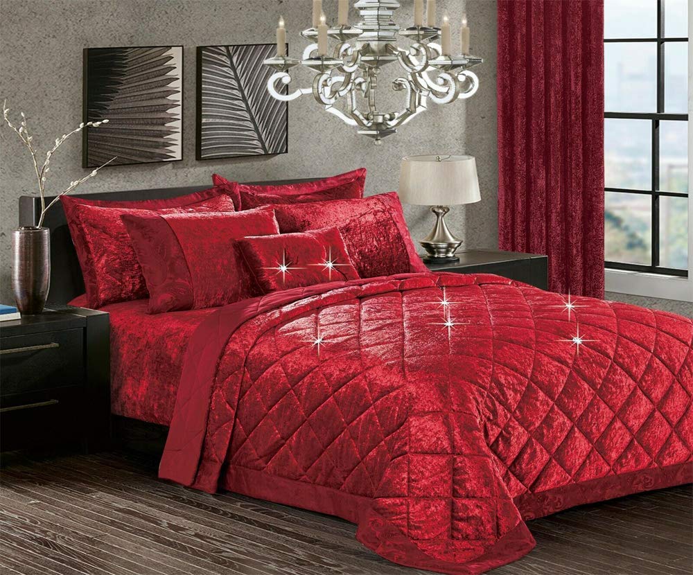 Householdfurnishing 3 Piece Crushed Velvet Bedspread/Comforter with pillow Shams (Santiago/Burgundy, King)