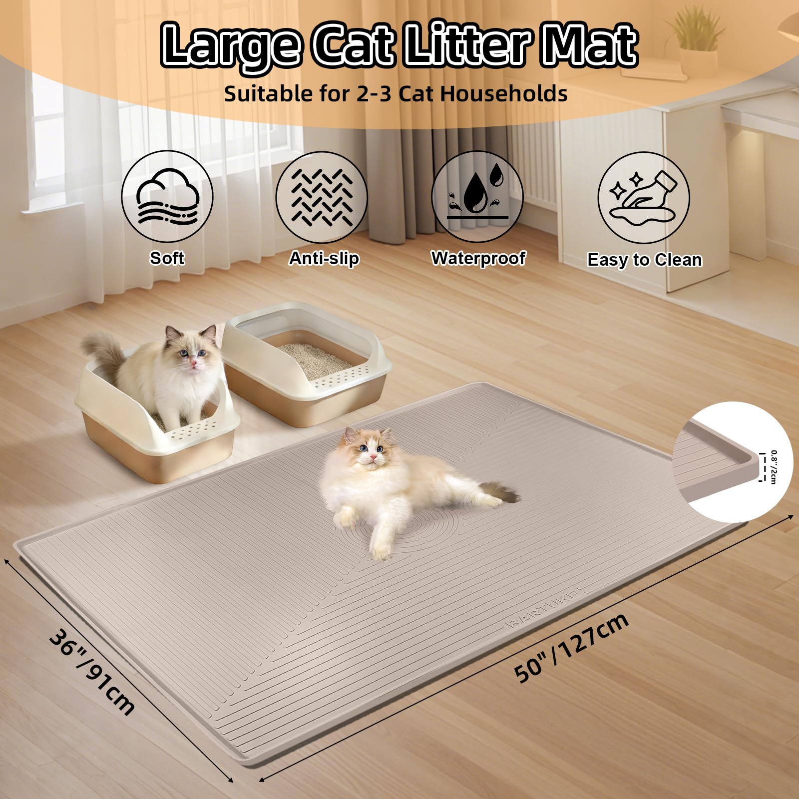XXL Katzenstreu-Matte, extra große 127 x 91cm Silikonmatte Katzenstreu-Fangmatte für Streukontrolle, weich für Katzenpfoten, leicht zu reinigen (Khaki)