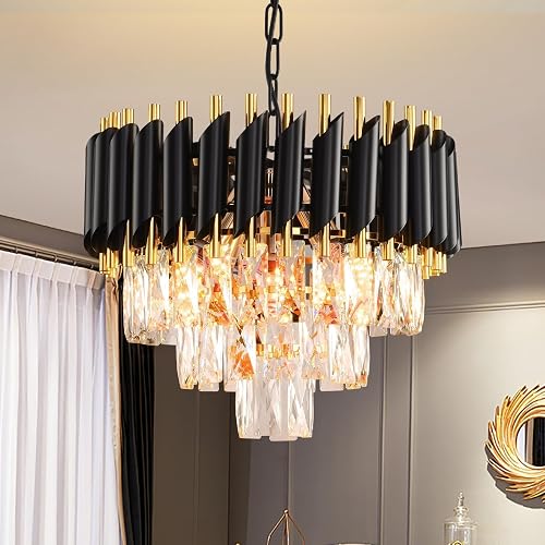 Modern Black and Gold Crystal Chandelier 3-Tier Round K9 Crystal Flush Mount Ceiling Light Dimmable Luxury Chandelier for Dining Room Living Room Bedroom Foyer W40cm