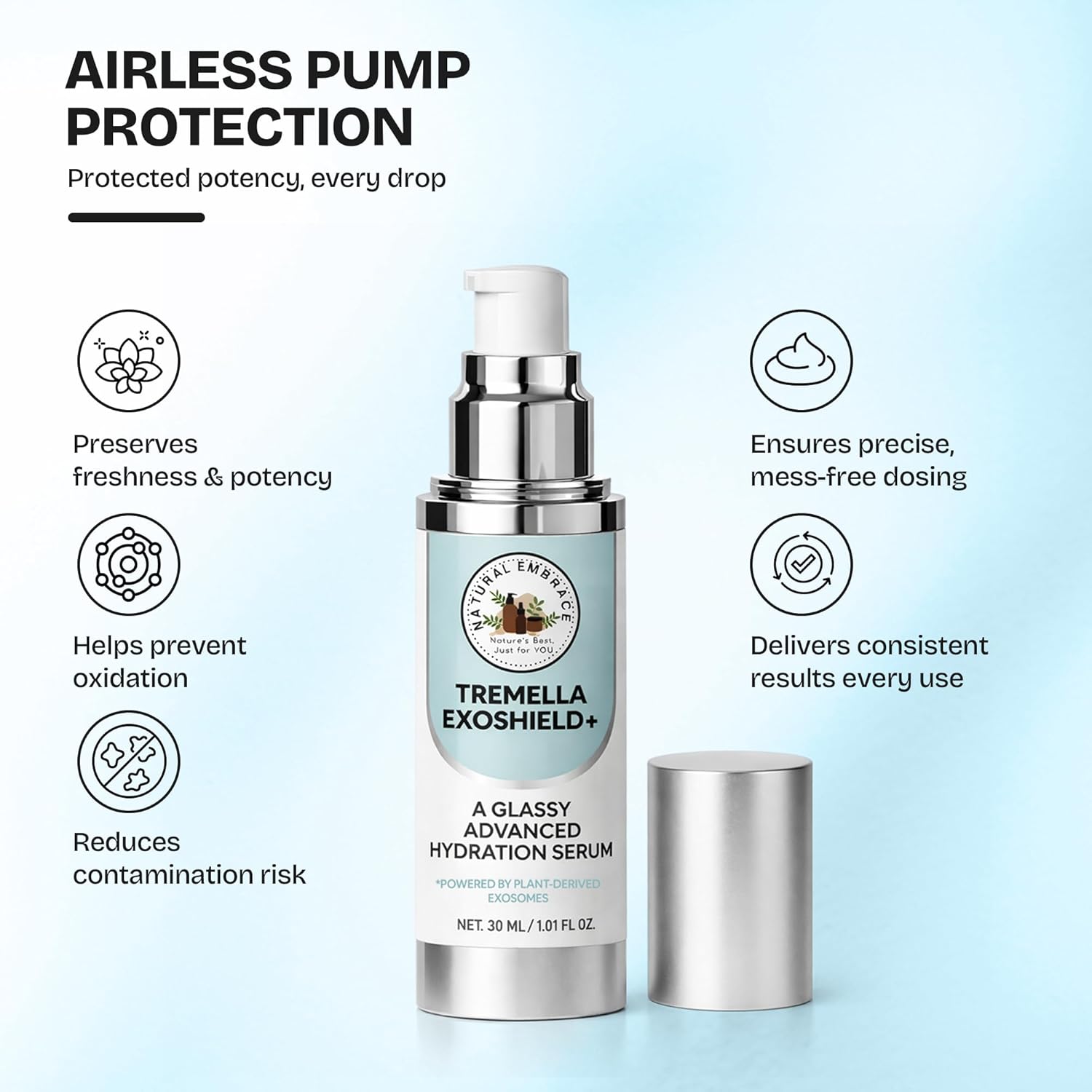 Natural Embrace Tremella Exoshield+ Hydration Lift Serum - 30 ml - HA Liposomes & Collagen Peptides - 3D Glassy Moisture Lock for Glowing, Radiant Skin - K Beauty Barrier Support Natural Makeup Primer