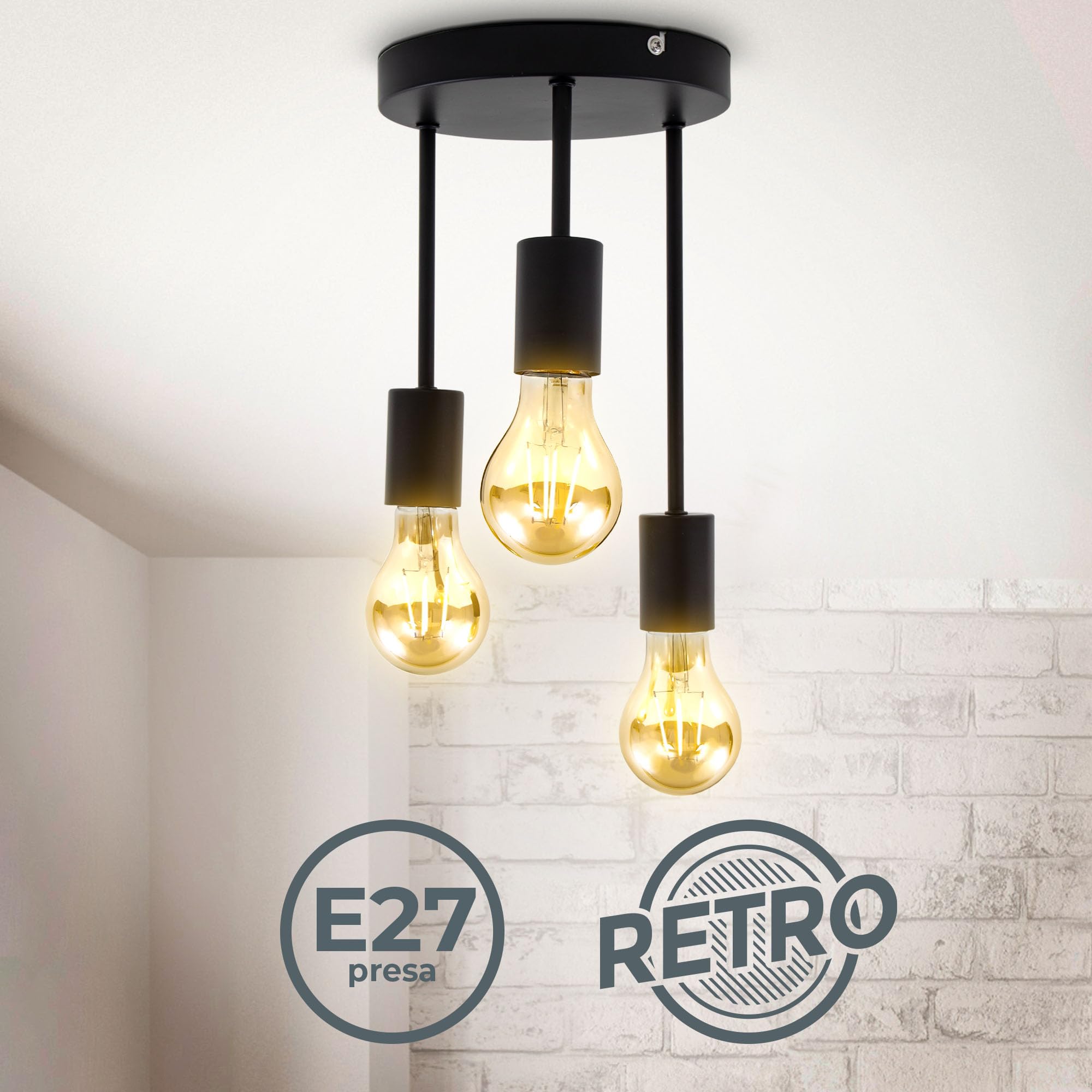 B.K.Licht I Plafoniera Retro 3 prese E27 I Nero Opaco I Metallo I Ø19 x 31 cm I Consegnato Senza Lampadine