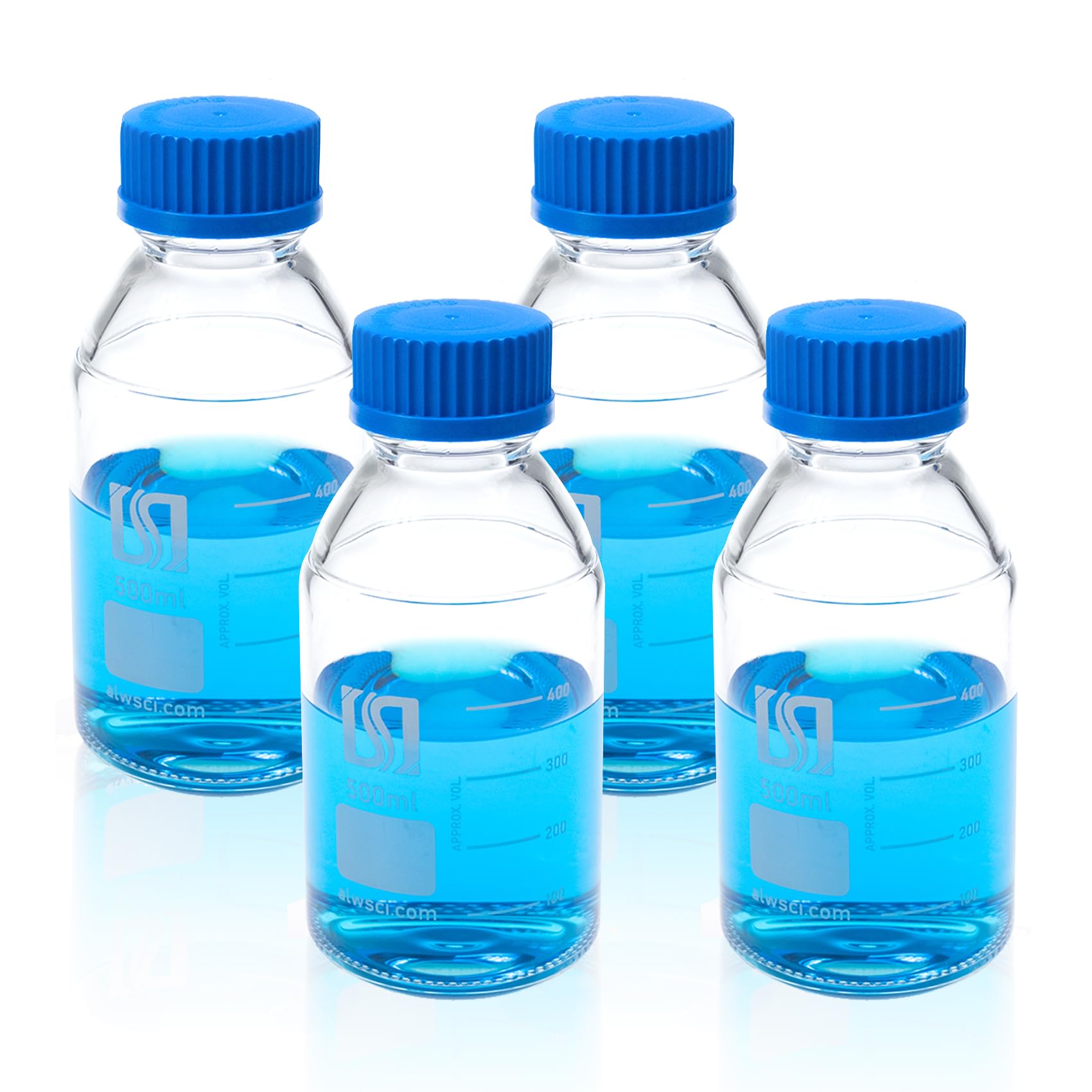 ALWSCI Botellas de Laboratorio de 500 mL con GL45 Tapón, Vidrio Borosilicato Claro Redondo Medio Reactivo de Laboratorio Botellas de Almacenamiento, 4 unidades
