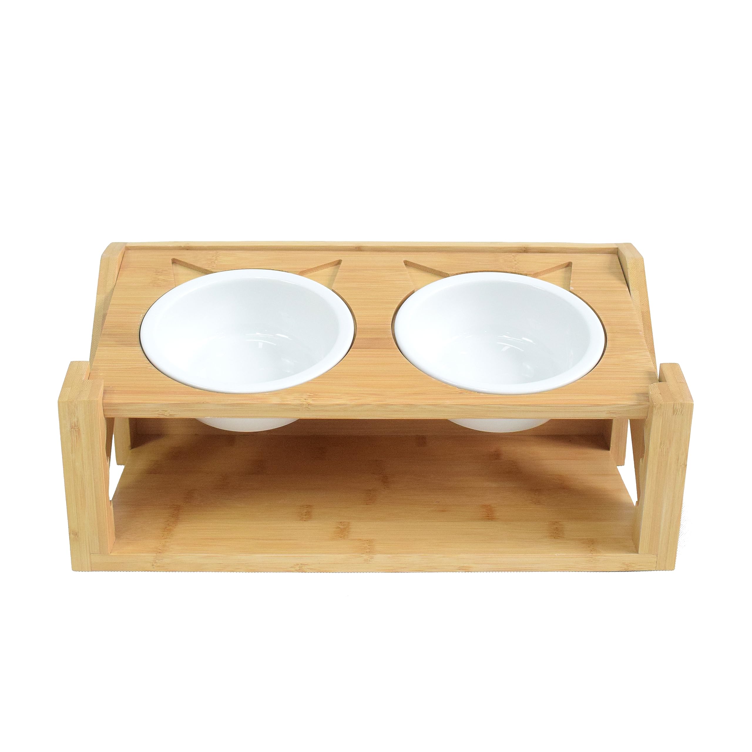 Cuenco para gatos y perros pequeños | Altura regulable | 350 ml | Comedero | Cerámica | con 2 + 2 cuencos | 4 cuencos | Juego de cuencos para gatos | Soporte de madera de bambú