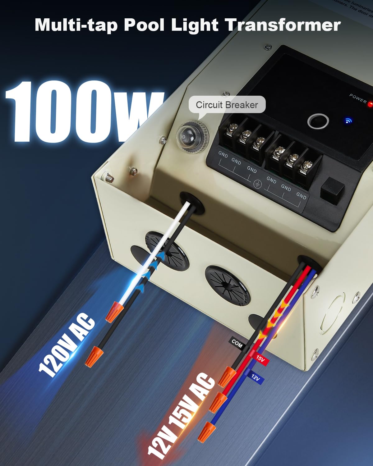 Close-up of the Suraielec transformer's multi-tap outputs and internal circuit breaker.