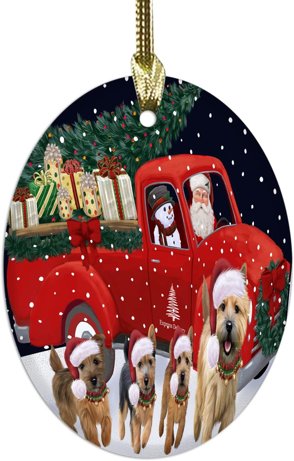 Express Delivery Red Truck Running Norwich Terrier Dogs Oval Glass Christmas Ornament- 3.75" x 2.75" Oval Pet Decorative Hanging Ornaments for Christmas X-mas Tree Decorations
