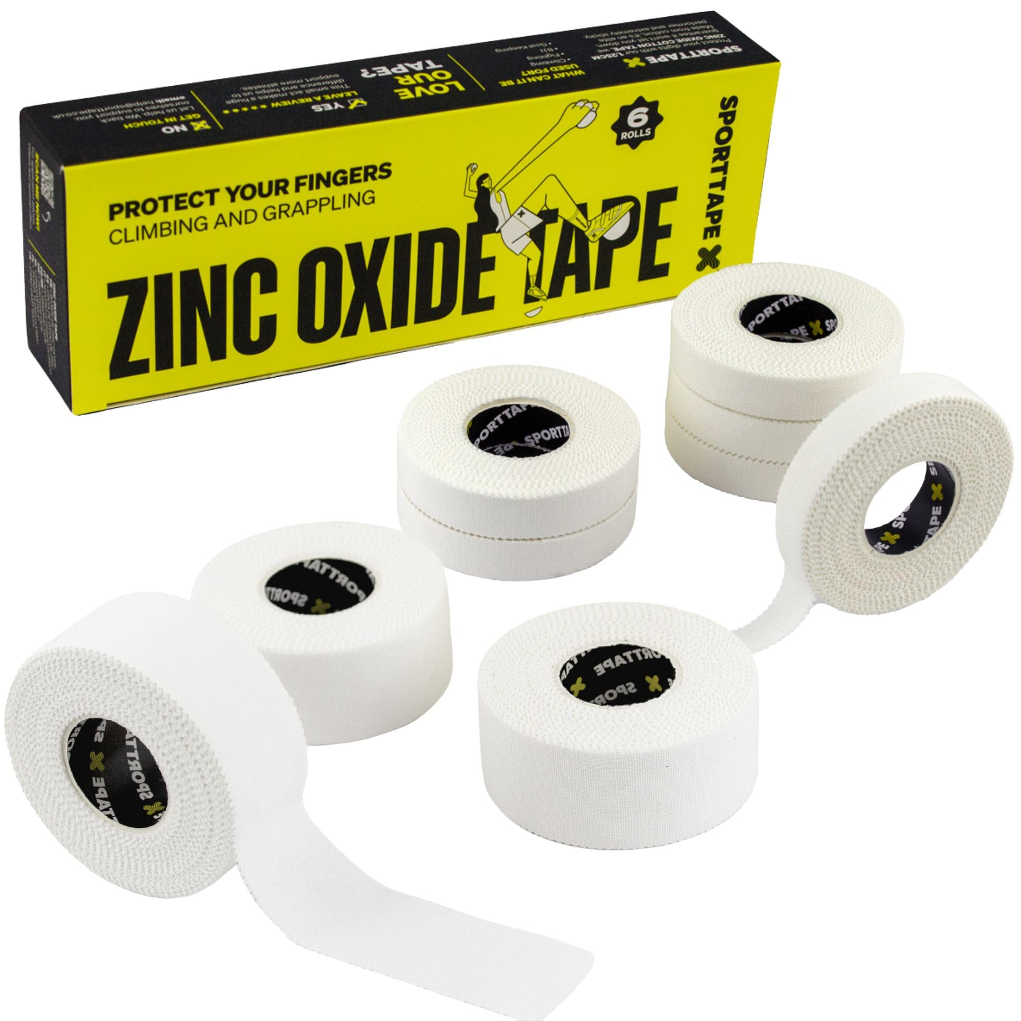 SPORTTAPE Finger Taping Bundle – 9 Rollen Zinkoxid Tape weiß – 6× 1,25 cm + 3× 2,5 cm x 10 m – Fingertape für Klettern, Bouldern, BJJ, Kampfsport, Handball & Volleyball