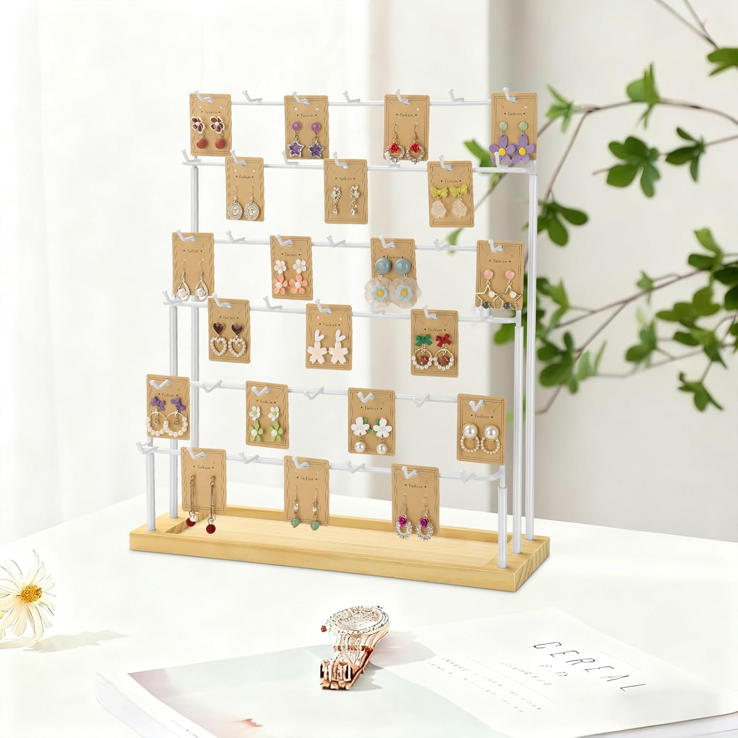 Earring Display for Vendors,6 Tiers 42 Hooks Jewelry Rack Display Holder Stand, Earring Organizer Holder for Necklaces Rings Bracelets Keychains,Jewelry Display for Selling with Earrings Cards-White