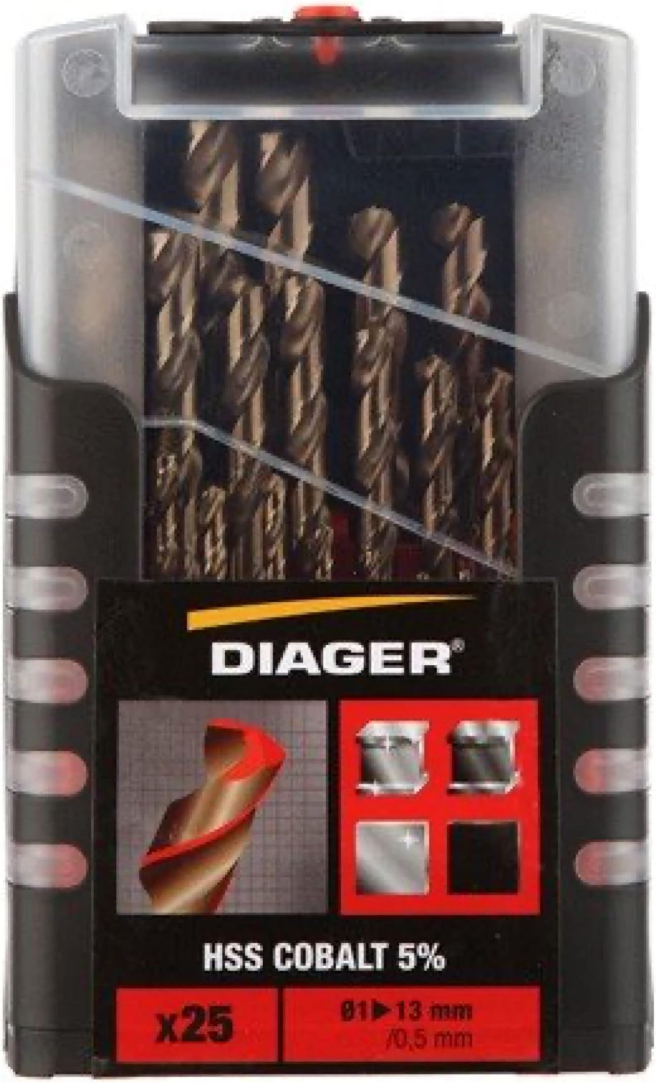 DiagerHSS Drill Bits 5% Cobalt Set of 25 Drill Bits Improved Resistance and Life Diameter 1 mm to 13 mm / 0.5 mm