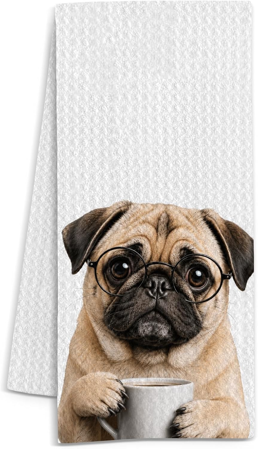 Funny Pug Coffee Kitchen Towel, Dog Lover Coffee Bar Decor, 16x24 Inches