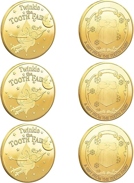 6 Pcs Tooth Fairy Gold Coins, Tooth Fairy Coins Reward Commemorative Fairy Money Design Tooth Fairy Commemorative Coin for Lost Tooth Children Gifts Souvenir