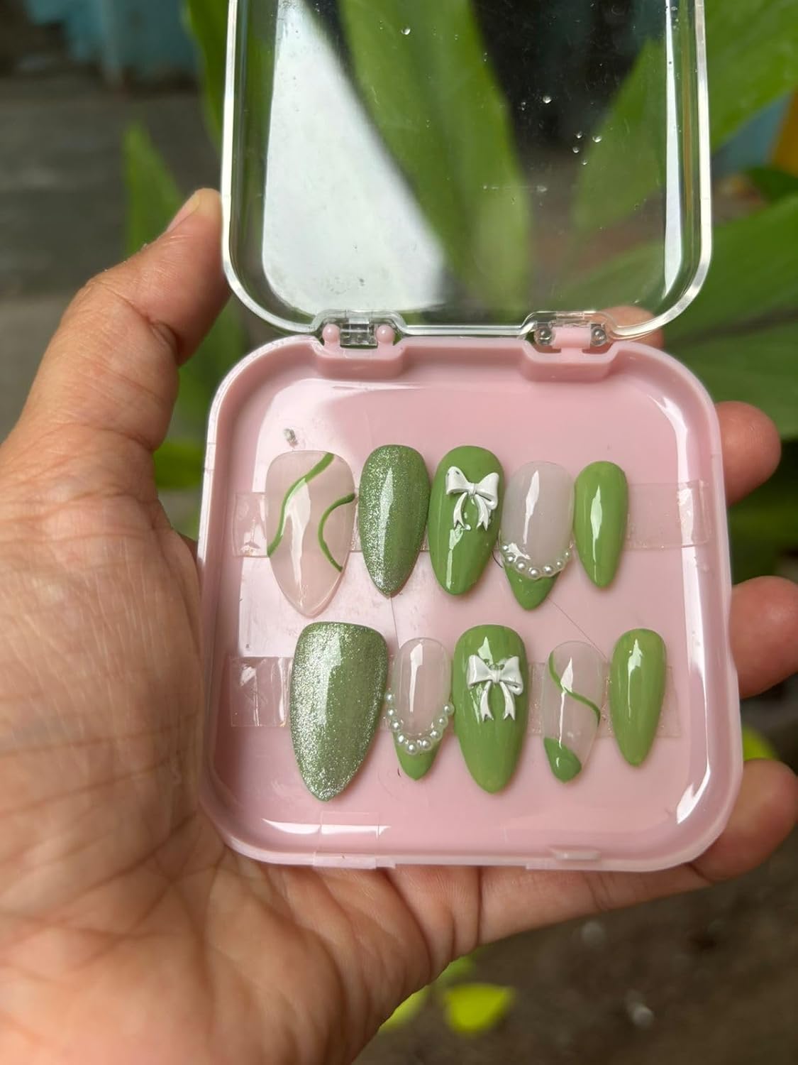 Premium Designer 10pcs Stick-on Nails set, with Easy Glue Tab application, Nails are Reusable & Unbreakable| Long-Lasting Shine | Artificial Nail Extensions (green., Long)