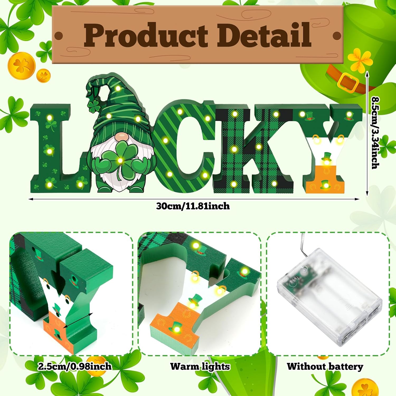 Menkxi St Patricks Day LED Wooden Sign St. Patrick's Day Table Decorations Wooden Lucky Decor Saint Patty's Tiered Tray Decor Light up Irish Table Centerpiece for Home Party Desk Office Room image 2