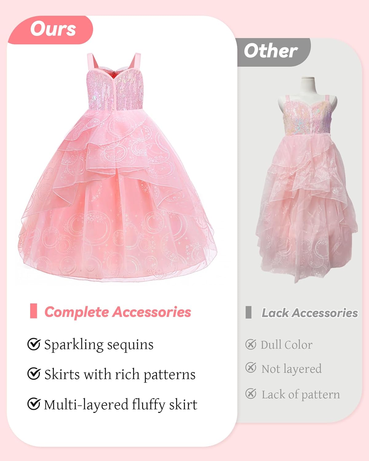 Girls Wicked Glinda Dress Costume, Pink Tulle Sequin Witch Princess Dresses for Girls Kids Halloween Christmas Cosplay