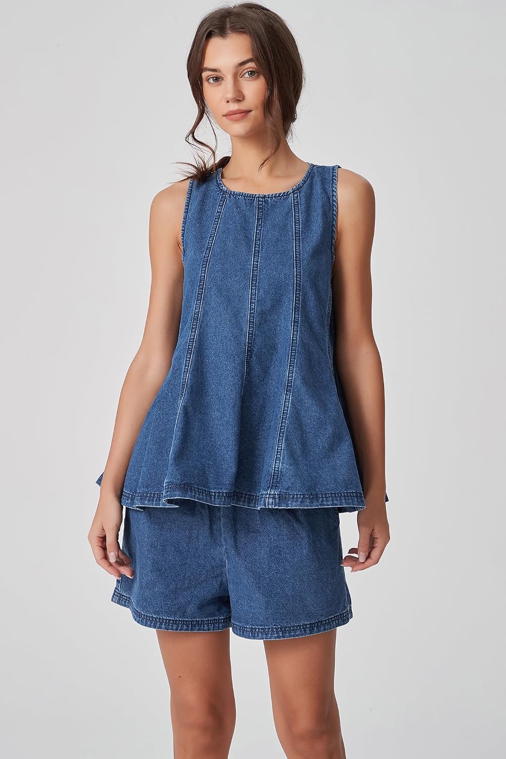 D-Sun Women 2 Piece Outfit Denim Set Sleeveless Crewneck Flared Denim Top Casual High Rise Jean Shorts Fashion Pant Suit Set