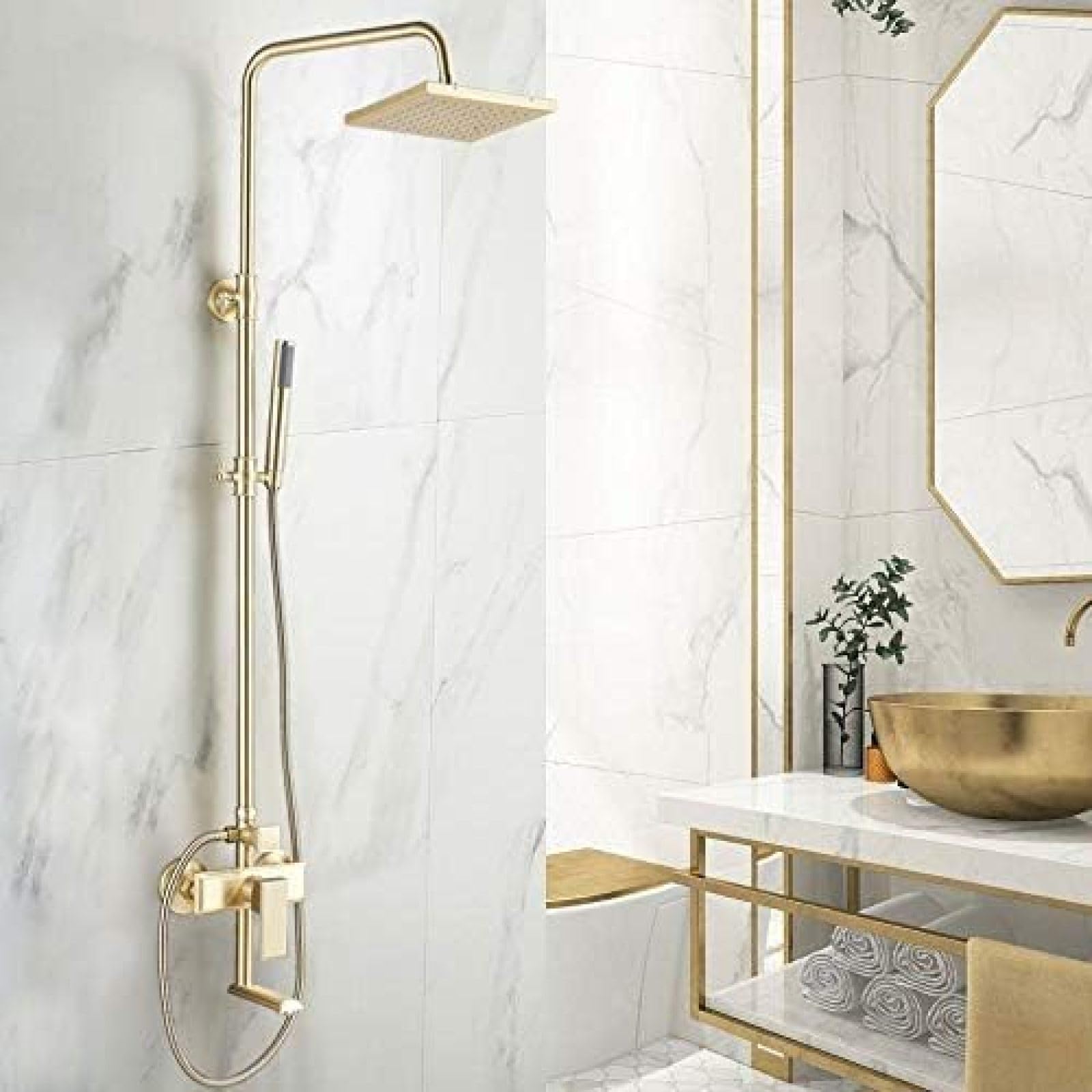 OZBMA Brushed Gold Shower Faucet Rainfall Bathtub Mixer Tap with Hand Bath Water Sets suit Stabilize