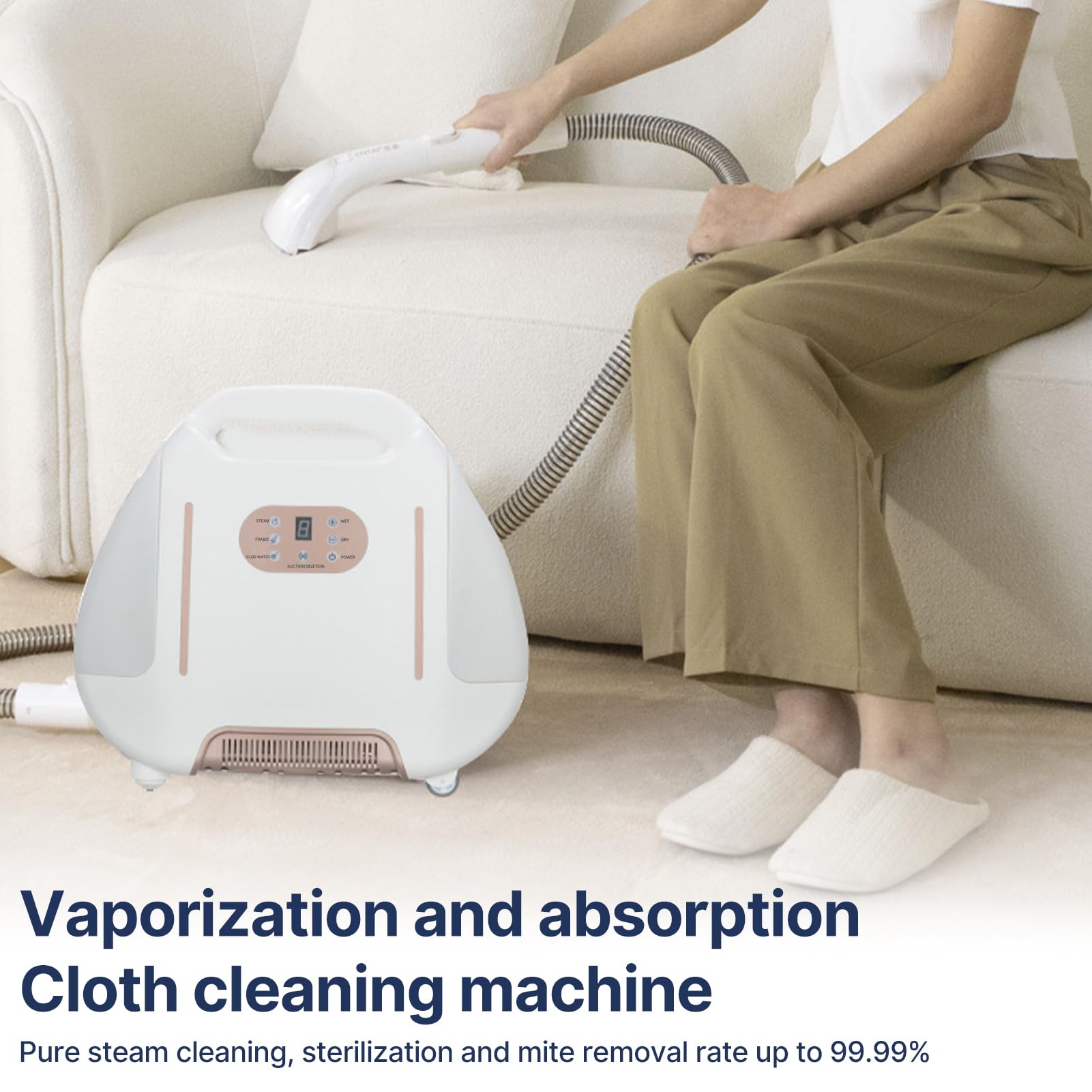 Limpiador de alfombras y tapicería con ruedas con vapor y aspiradora, pantalla táctil digital, tanque de agua desmontable, mango portátil, manguera y estante de almacenamiento de