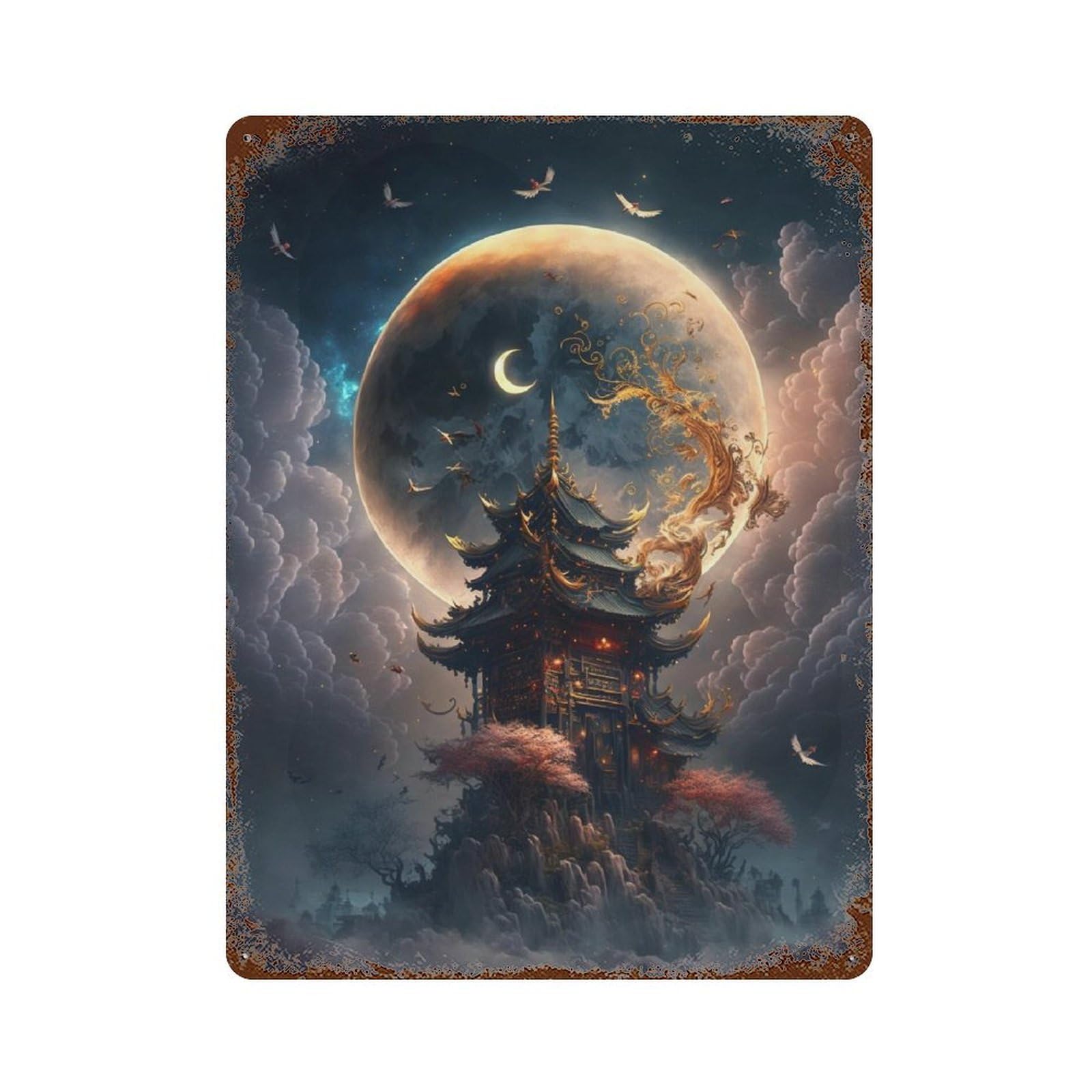 Garage Style Enchanted Moonlit Pagoda Decorative Tin Sign 15.7"x11.8", Novelty Wall Decor for Bar And Workshop