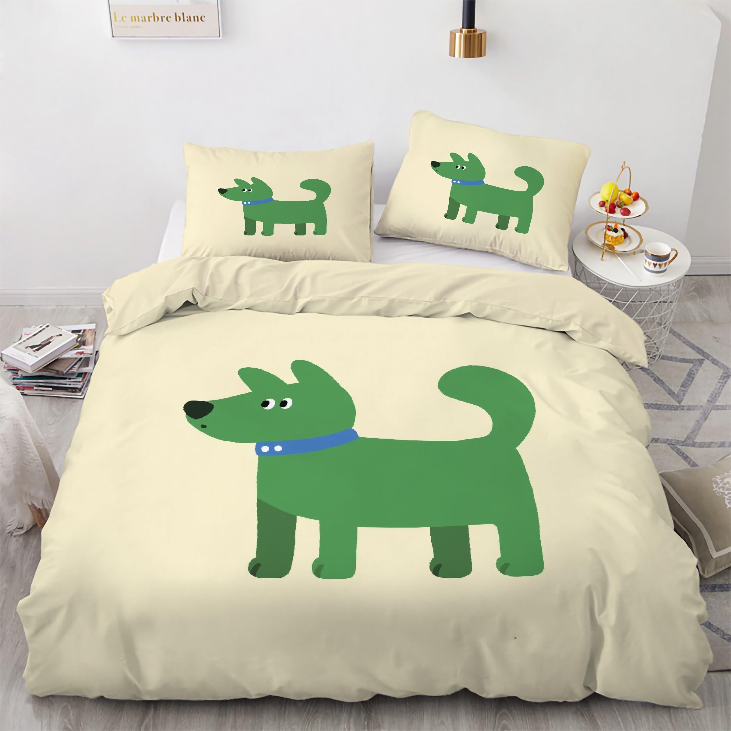 Housse de Couette 160x200 Chiot Zip Anti-Glisse Parure de Lit Vert Microfibre