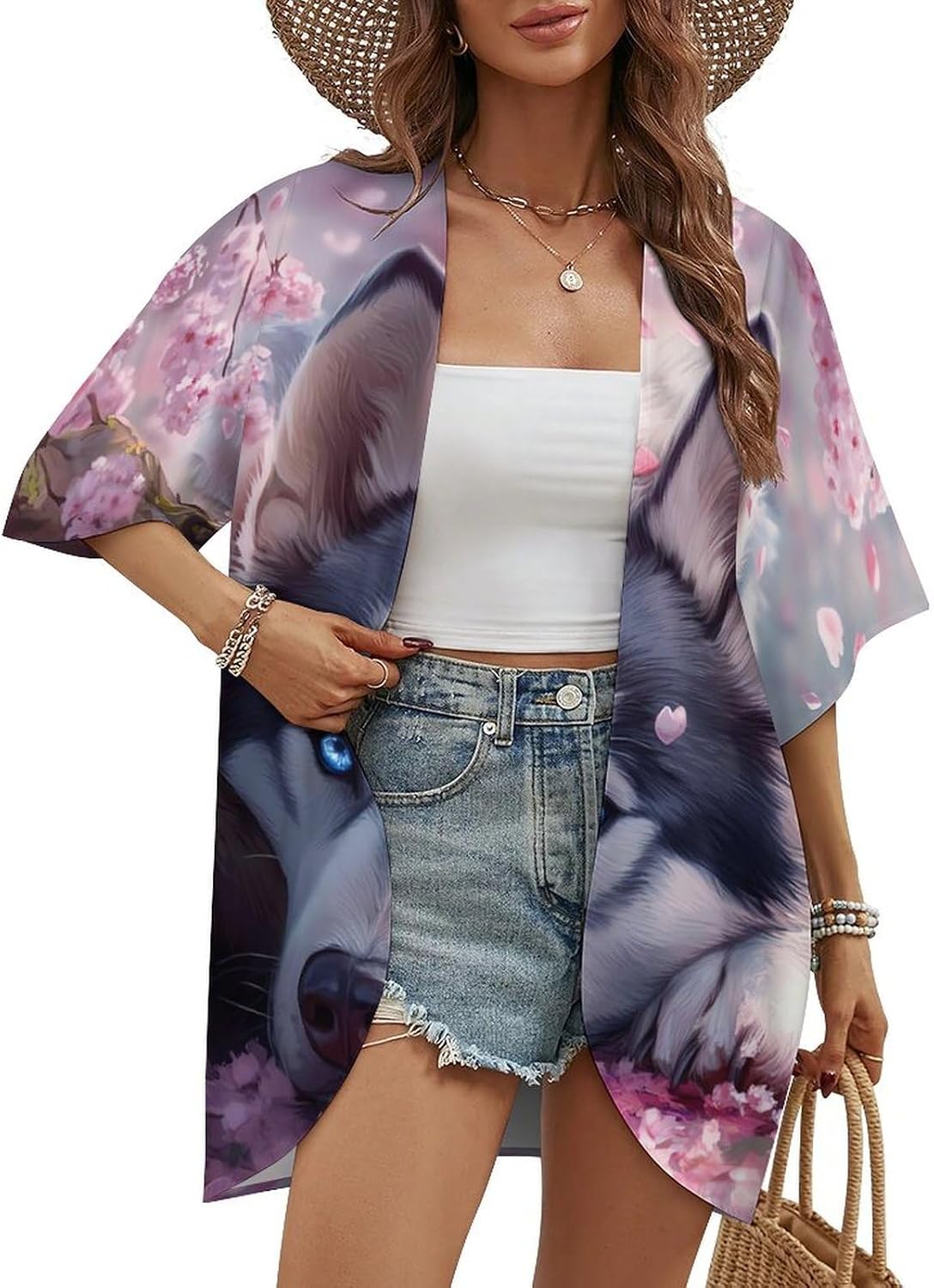 Cute Dog Husky Women's Open Front Cardigan Short Sleeves Jacket Lightweight Sweaters Tops