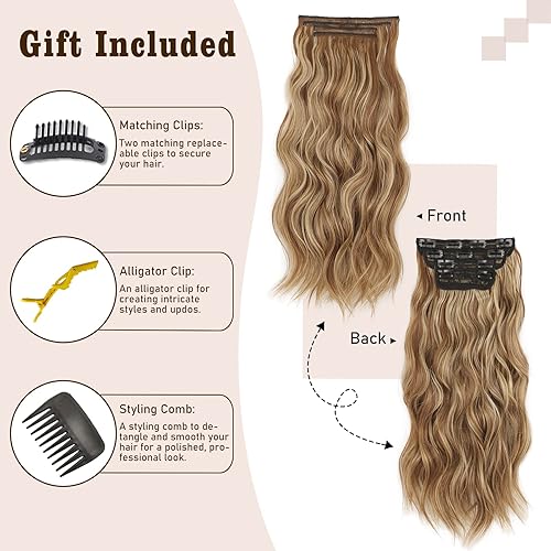 Miniatura 3 de QGZ Extensiones de cabello con clip para mujer, juego de 4 piezas, grueso, sintético, largo, ondulado, 20 pulgadas, mezcla de castaño claro con