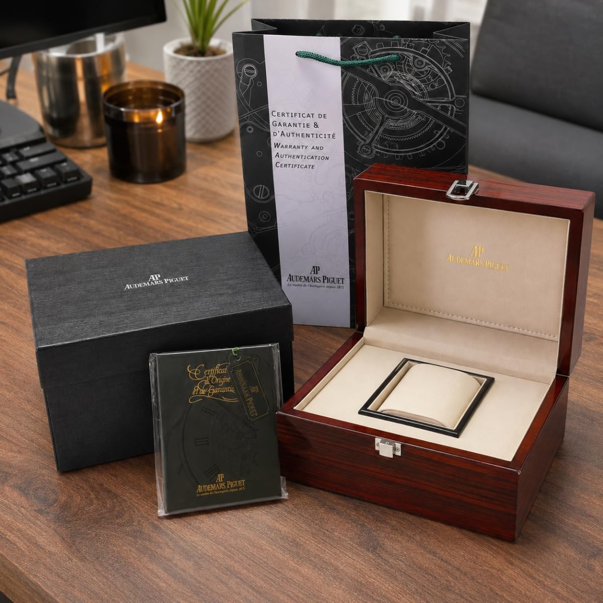 Custodia Orologio da Polso Singolo Marrone Scatola Orologi in Legno Fodera Crema Cuscino Espositivo Chiusura Metallica Set per Audemars Piguet Royal Oak
