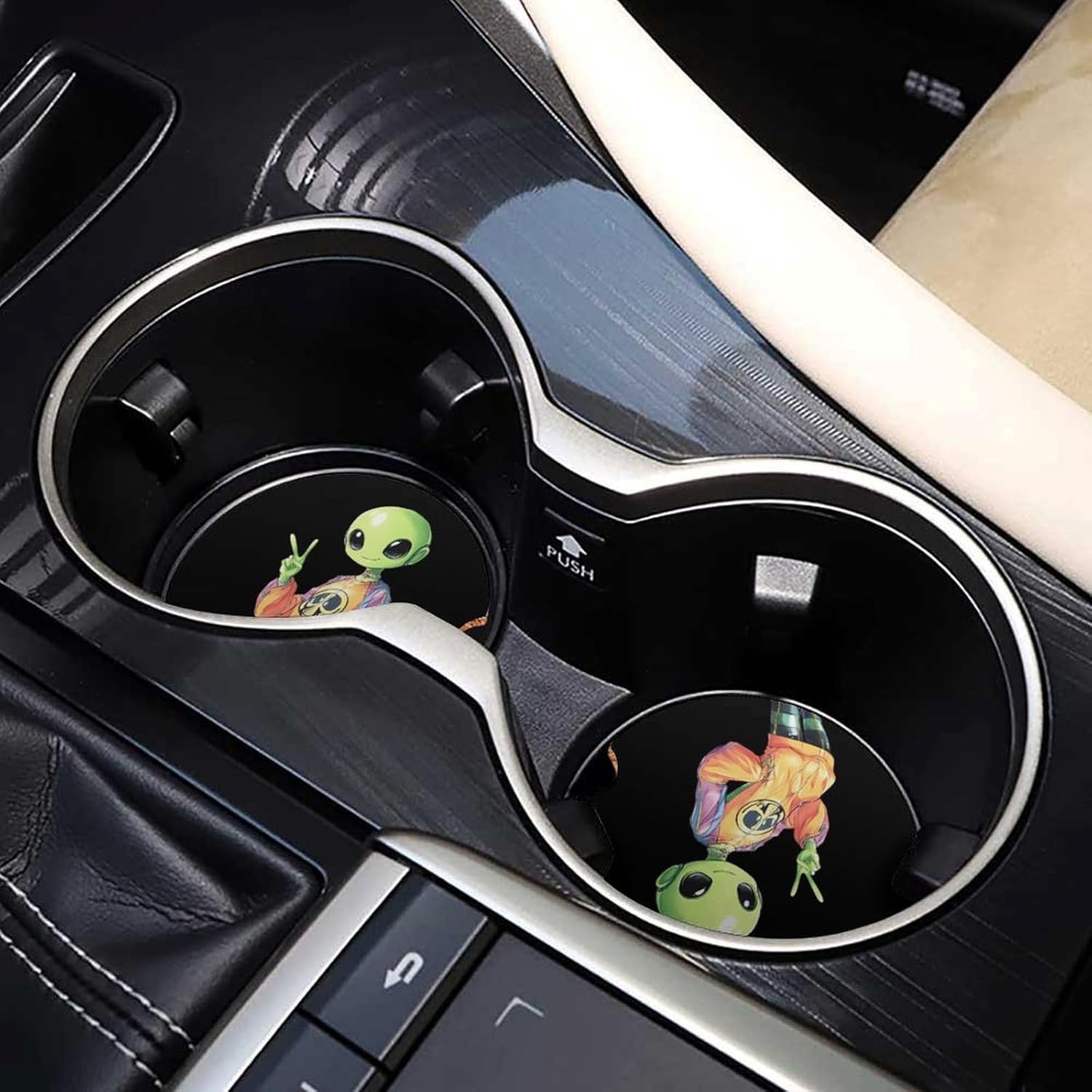 Aliens Peace Sign Cute Car Coasters 2.56 Inch Absorbent Cup Holder for Drinks Auto Interior Accessories