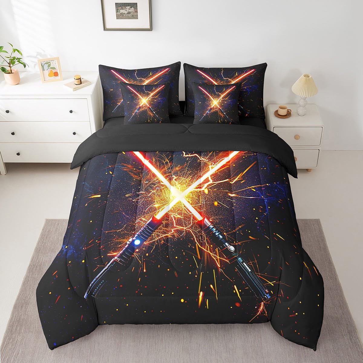 Feelyou Lightsaber Bedding Set 7 Pieces King Size Kids Future Technology Style Bedding Set for Boys Girls Teens Galaxy Comforter Set Bed in a Bag （Comforter, Sheets, Pillowcases & Cushion Covers）