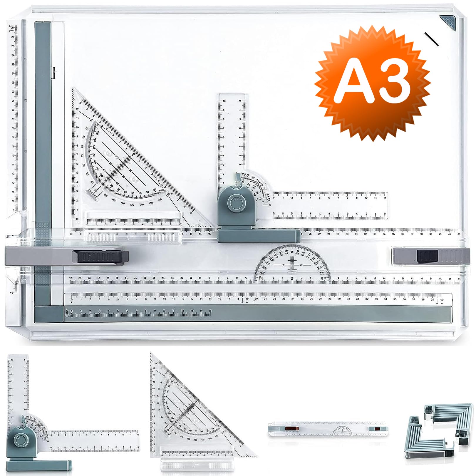 A3 Zeichenbrett, Geo-Board gz Platte, Multifunktionaler Zeichenplatte Din A3 Zeichenschiene mit Winkelmesser Papiersuchgerät Lineal Stützfuß für das Professionell Office Arbeiten Studenten (A3)
