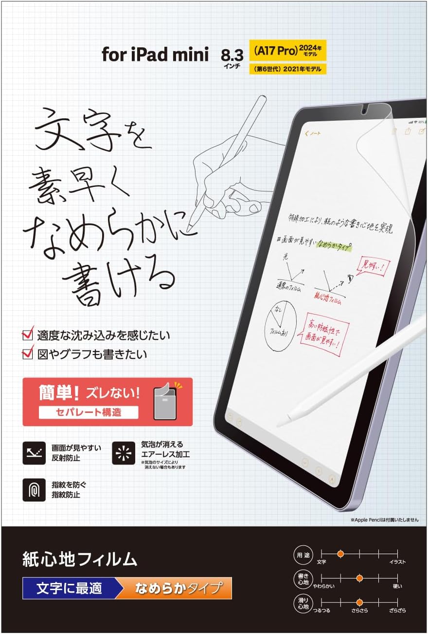 Elecom TB-A25SFLAPNS Protective Film for iPad Mini (A17 Pro 2024) Mini (6th Generation) Paper-Like Anti-Glare for Letters, Smooth, Airless Treatment, Anti-Fingerprint