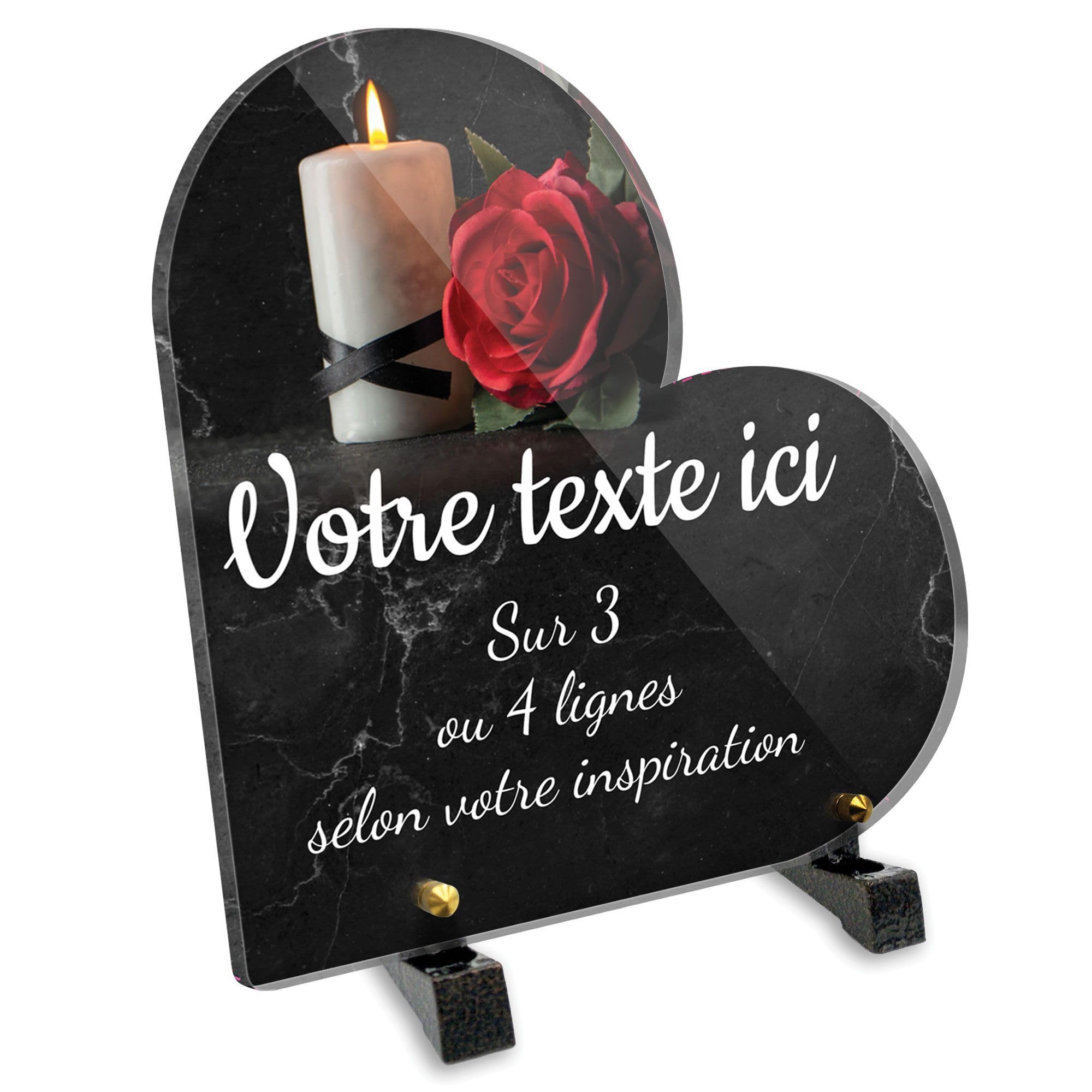 Placa funeraria corazón personalizable en plexi, diseño de vela y rosa roja, diferentes tamaños, grosor de 6 mm, personalizado en varias líneas, 20 x 20 cm
