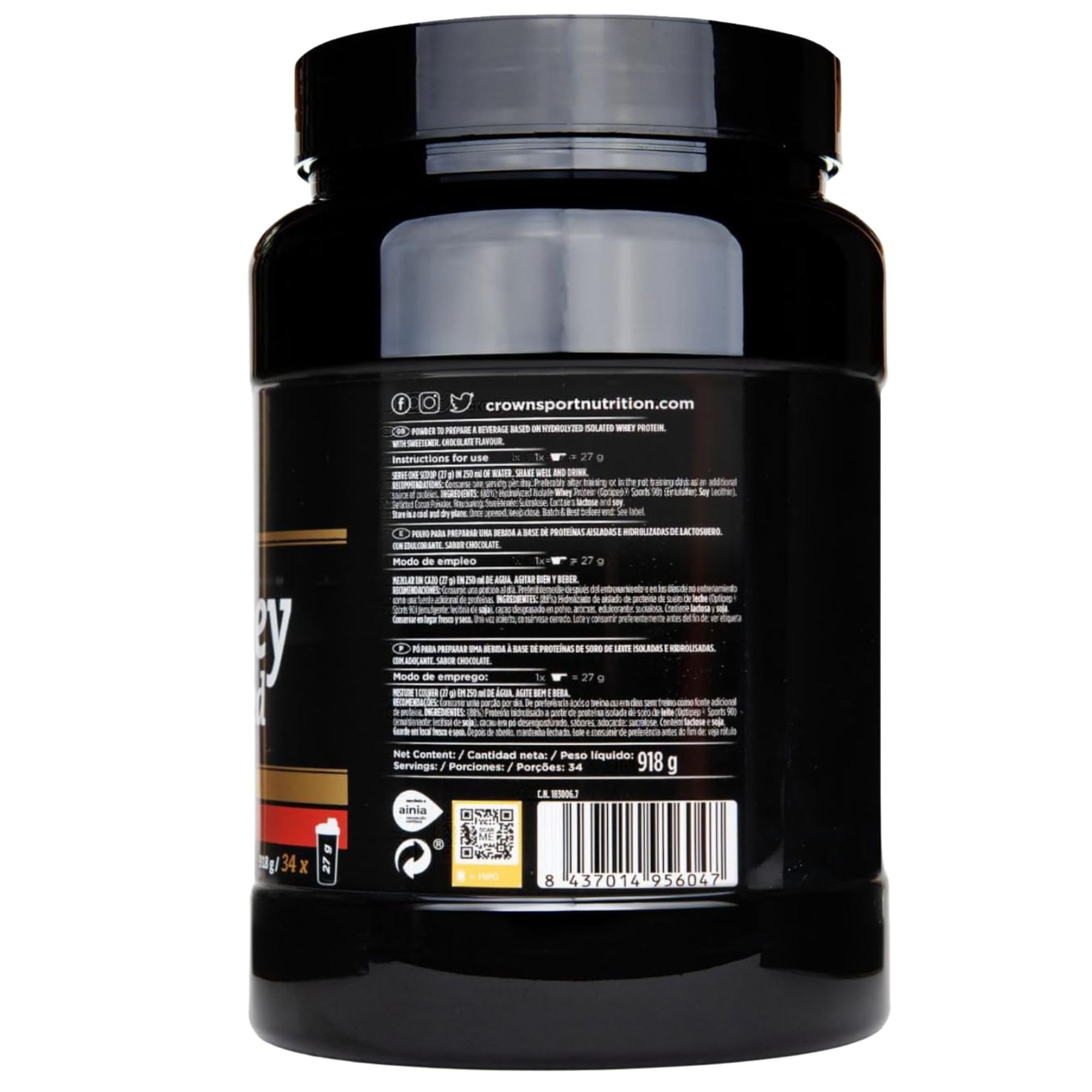 Crown Sport Nutrition ISO Whey Hydrolyzed Chocolate | Proteína Hidrolizada Optipep® 90 | > 87% Proteína Aislada Sin Lactosa | BCAA y Glutamina | 918 g 34 tomas | Informed Sport