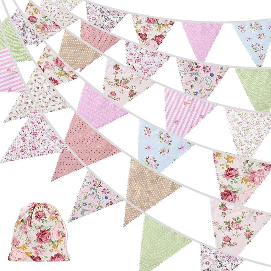 Banderole en tissu extérieur guirlande fanion vintage rose pour déco anniversaire et jardin 12m