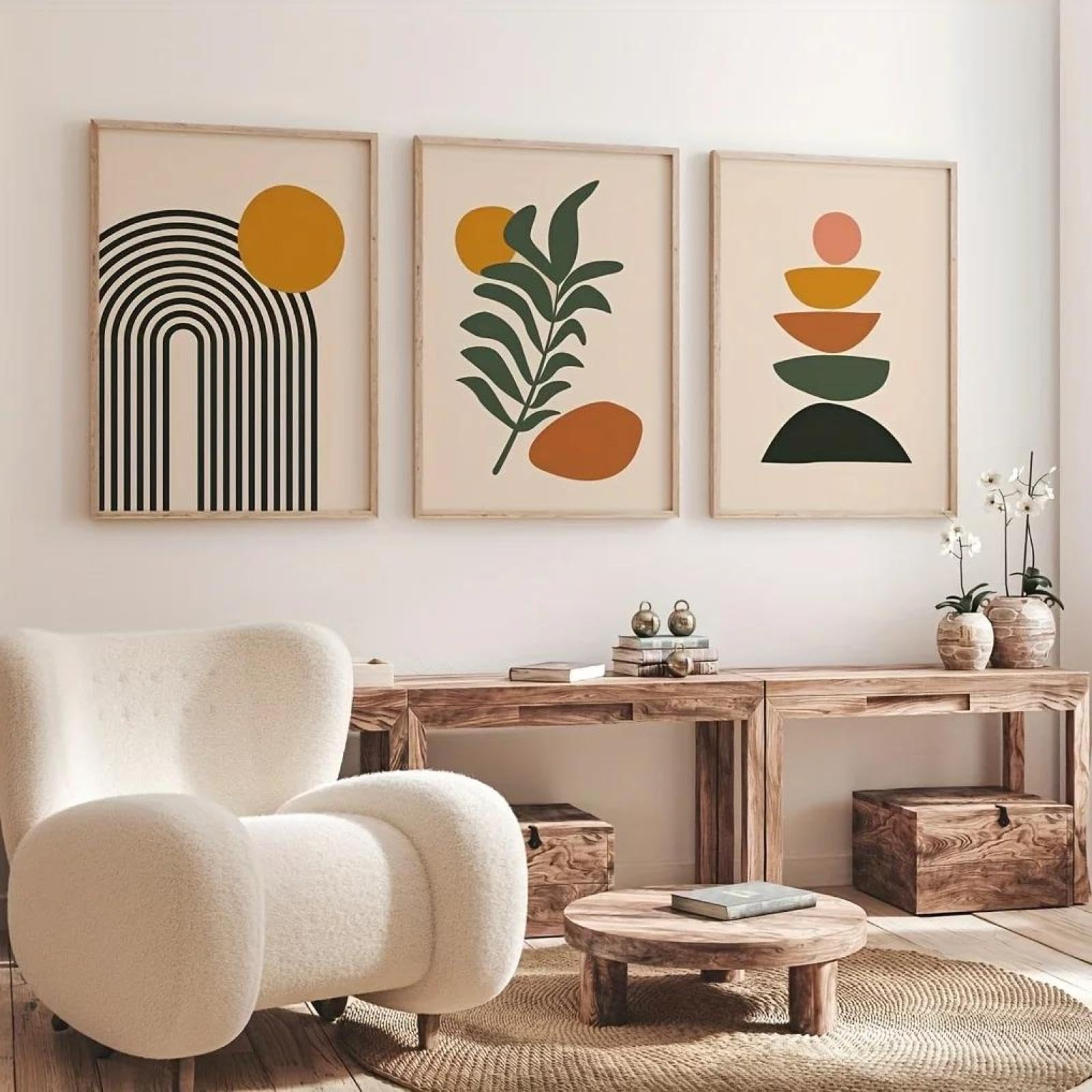Baibexing Boho Abstract Sun Leaves Mid Century Canvas Painting Poster And Prints Wall Art Picutre For Living Room Home Decor 60X80Cmx3Pcs Unframed
