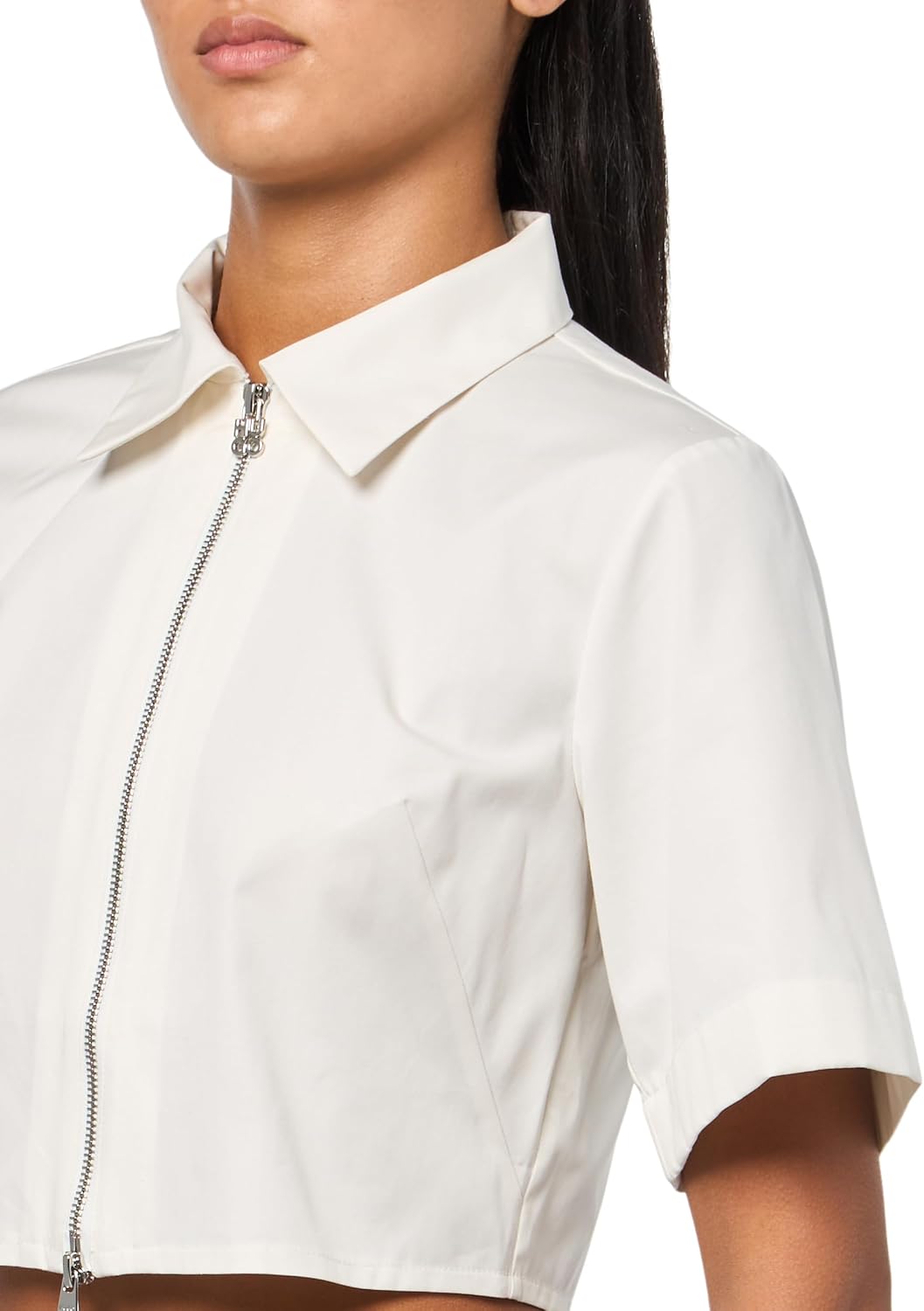 HUGO Women's Short Sleeve Cropped Zipper Button Down Shirt