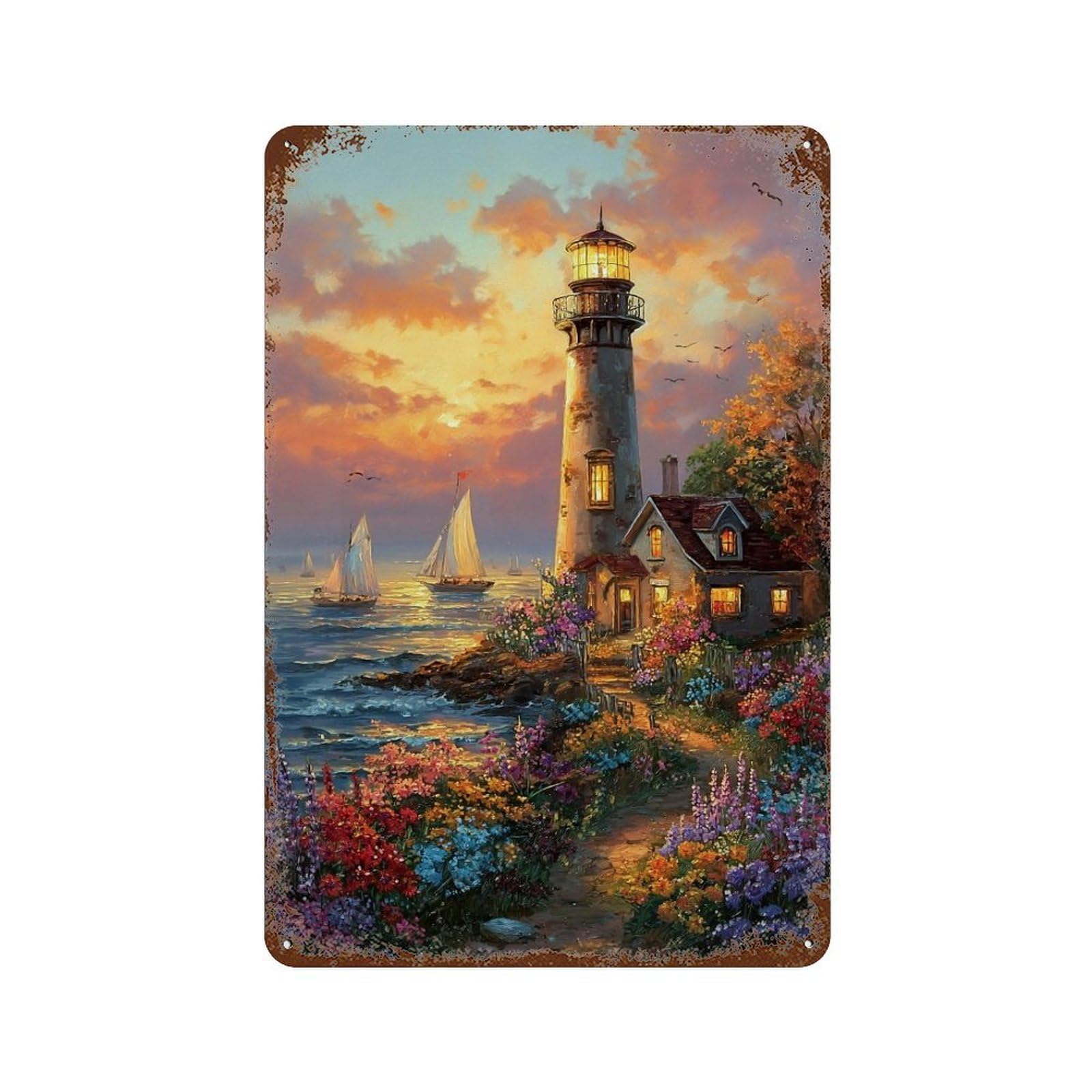 Coastal Lighthouse Sunset Scene-2 Weathered Tin Sign 11.8"x7.9", Decorative Metal Wall Art for Garage, Bar And Workshop Decor