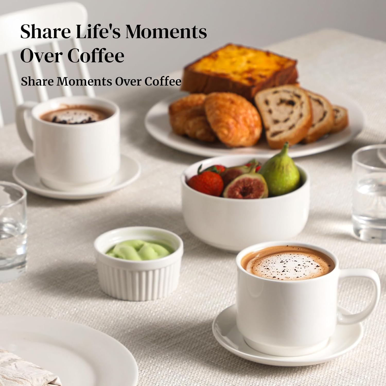 DOWAN 12oz Coffee Mugs, Cappuccino Cup and Saucer Set of 4, White Ceramic Coffee Cups for Latte/Tea/Milk, Tea Cups for Use in Office, Home and Cafes, Microwave Safe - Image 5