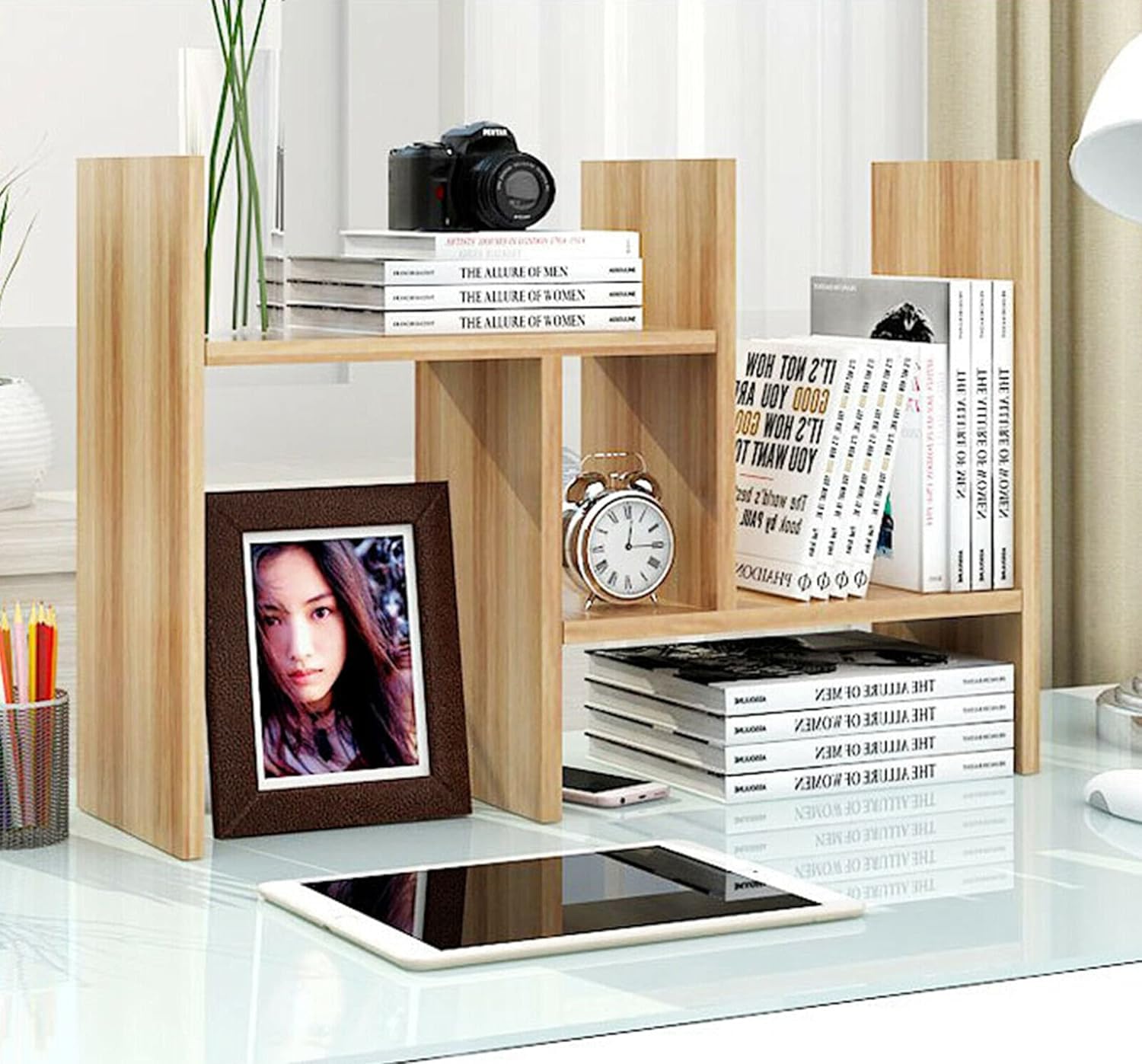 Desktop Bookshelf Desk Storage Organizer Adjustable Wood Desktop Display Shelf Rack Counter Office Storage Rack-image-24