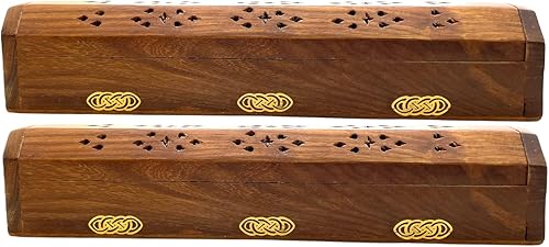 Vista 18 de Paquete de 2 quemadores de incienso de madera tipo ataúd - Incrustaciones de latón de 12 pulgadas - Compartimento de almacenamiento (Buddha)