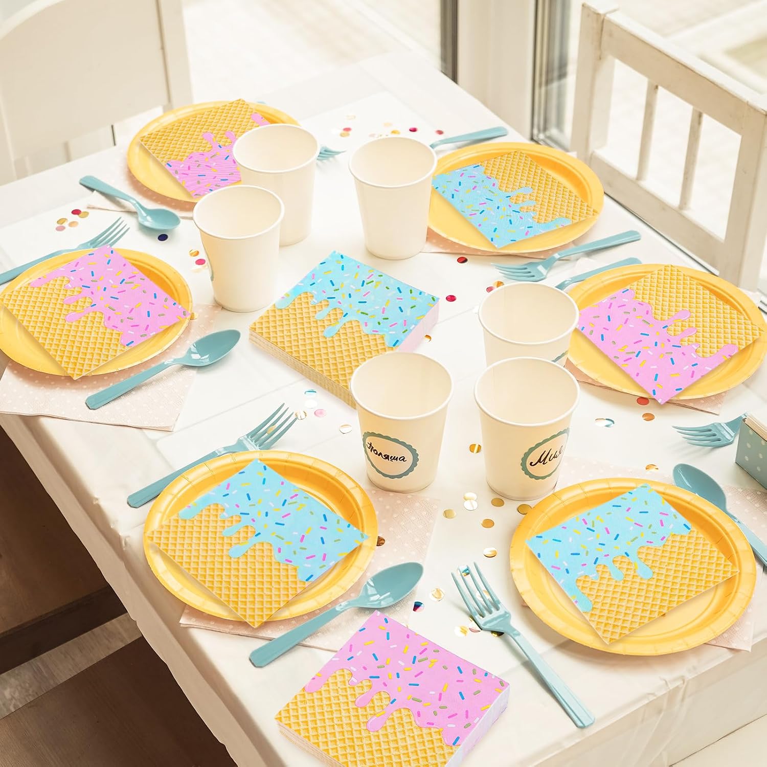 FYSUIMU 50Pcs Summer Ice Cream Paper Napkin Pink Blue Sprinkle Disposable Luncheon Napkins Sweet Double Printed Dinner Napkin for Home Kitchen Party Supplies