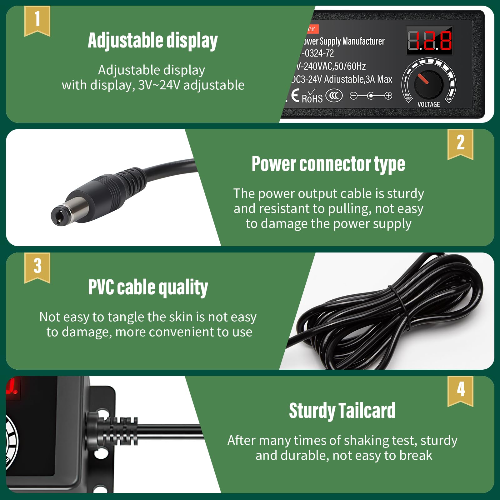 24 V Alimentatore Universale 72 W AC/DC Adattatore di Alimentazione Regolabile con 14 punte DC e Cavo di polarità inversa Caricabatterie universale per elettronica, 3000 mA Max.