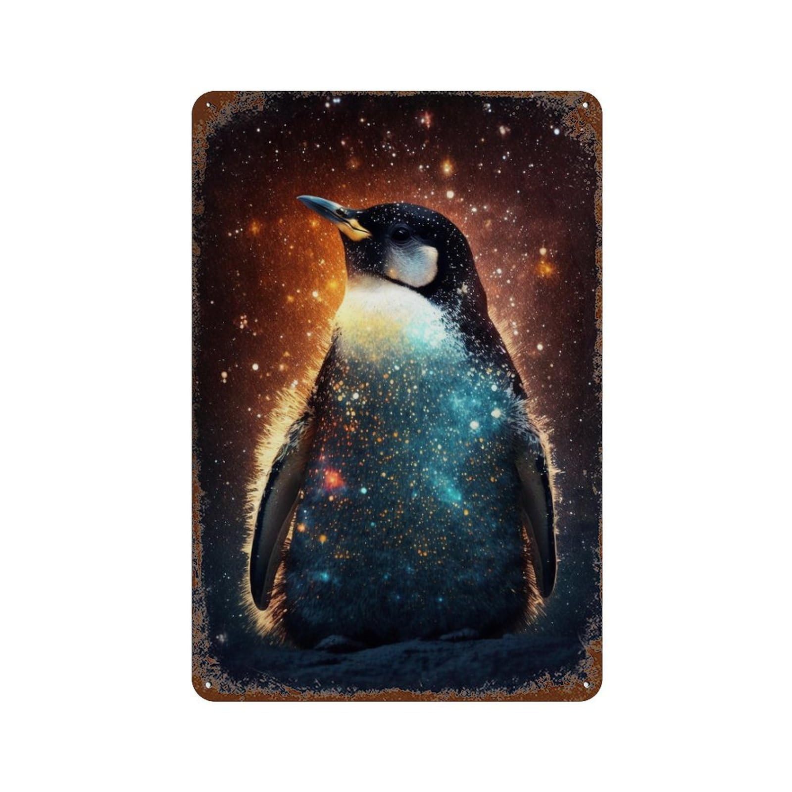 Garage Style Galactic Penguin Art Print-1 Distressed Metal Wall Sign 11.8"x7.9", Farmhouse Wall Decor for Bar And Workshop