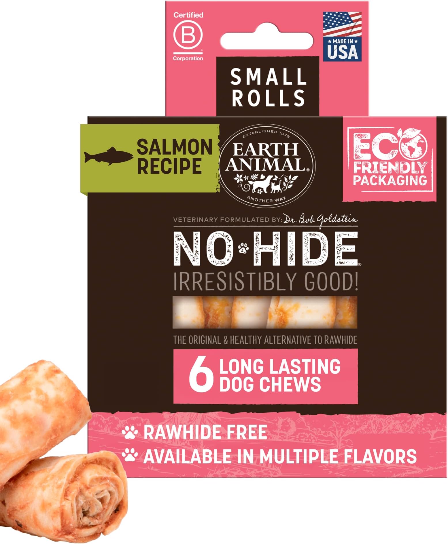 Earth AnimalNo Hide Small Long Lasting Dog Chew Rolls, Salmon - 6 Count