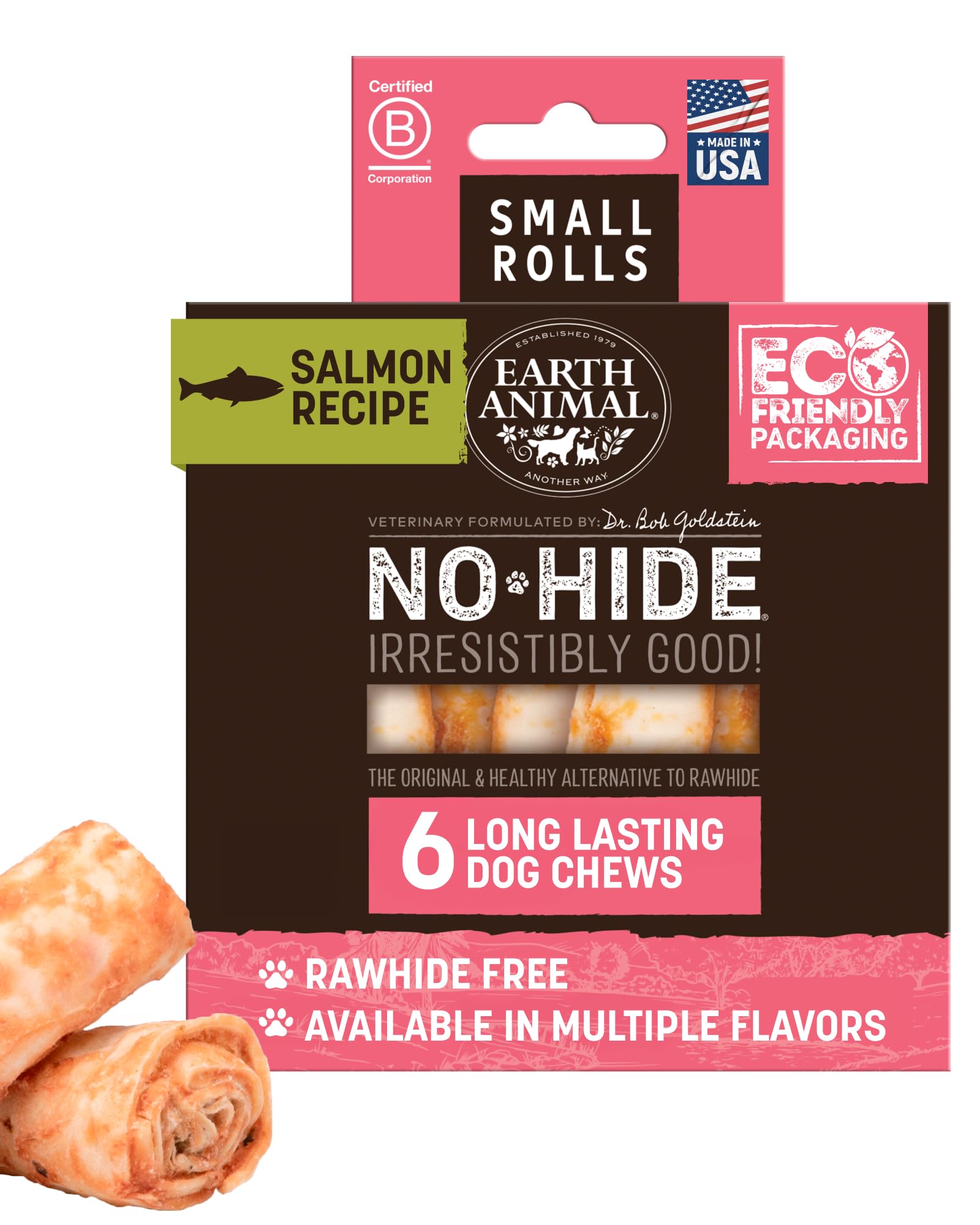 Earth Animal No-Hide Salmon Chews 4" - 6 Chews Total (3 Packages with 2 Chews Each)