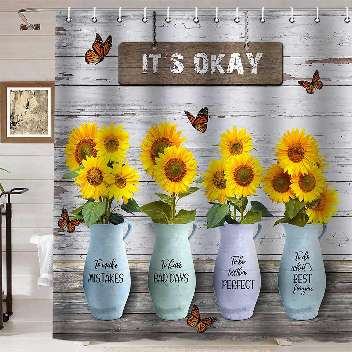 Namdeva Sunflower Shower Curtain, Inspirational Quotes Yellow Floral Plant Orange Butterfly Vintage Wooden Barn Door Rustic Farmhouse Bathroom Decor Waterproof Fabric Grey Shower Curtain, 72 X 72 Inch