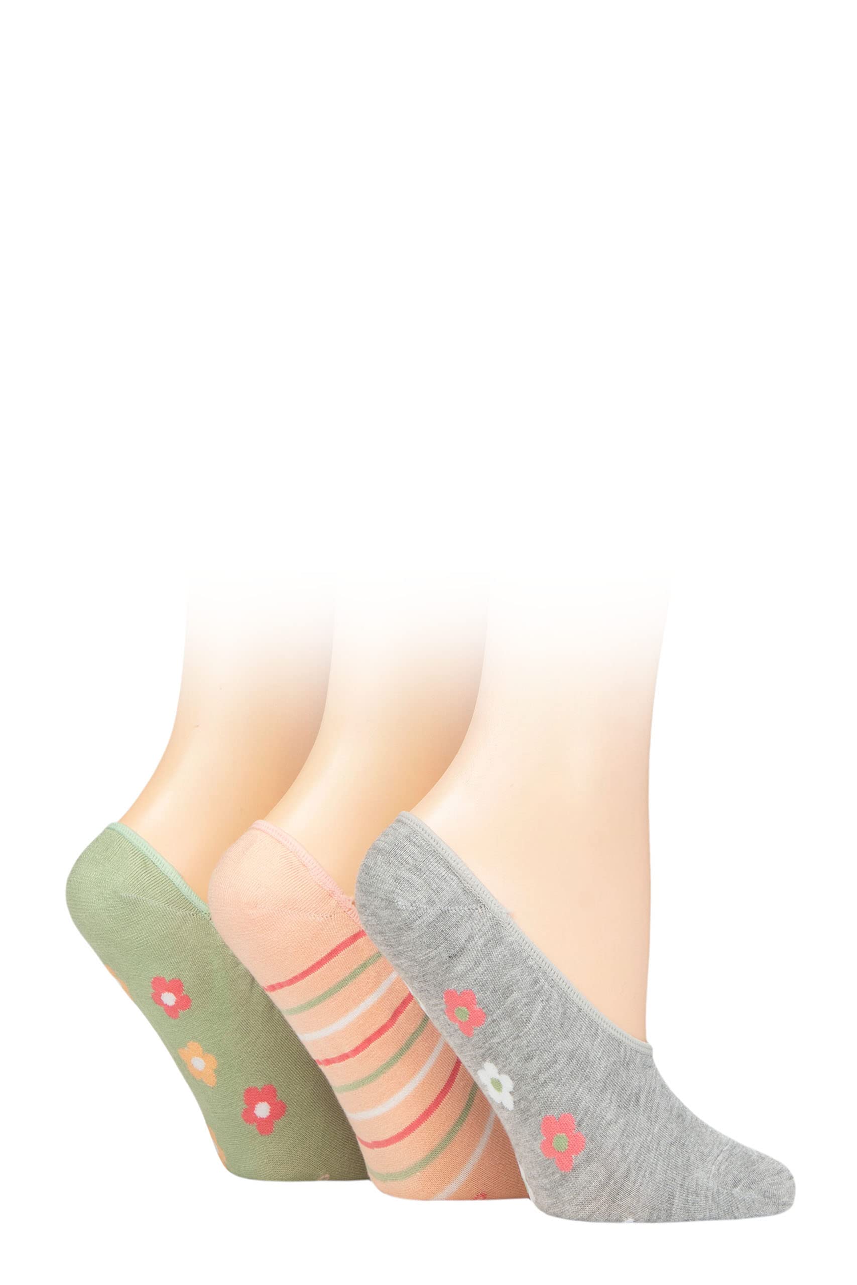 Sockshop Women's Sage Plain And Patterned Bamboo Shoe Liners Pack Of 3 4-8