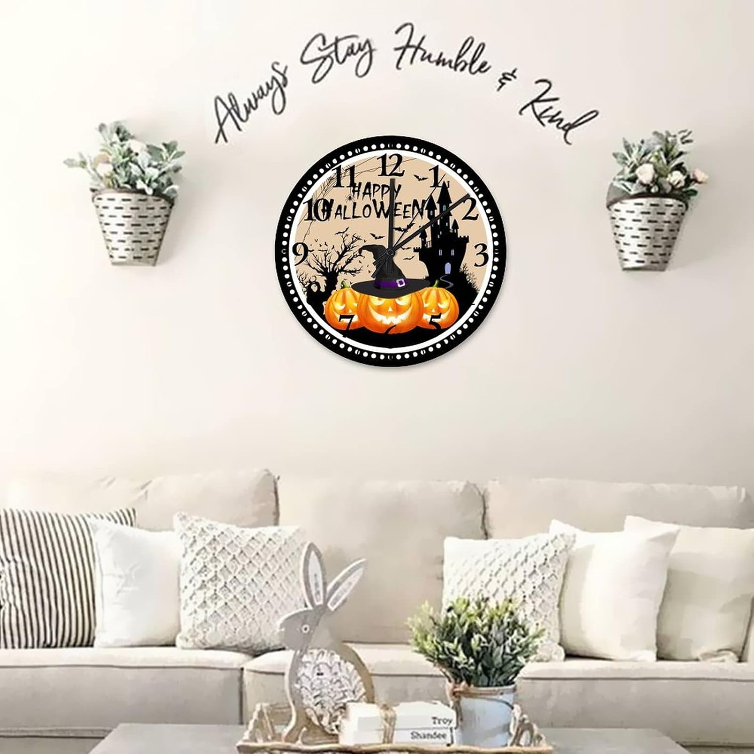 Happy Halloween Pumpkin Hunted House Wood Wall Clocks 15 Inch, Halloween Party Scary Pumpkin Wearing Witch Hat Home Decor Clock Silent Non Ticking Round Arabic Numbers Clock for Kids Room and Kitchen