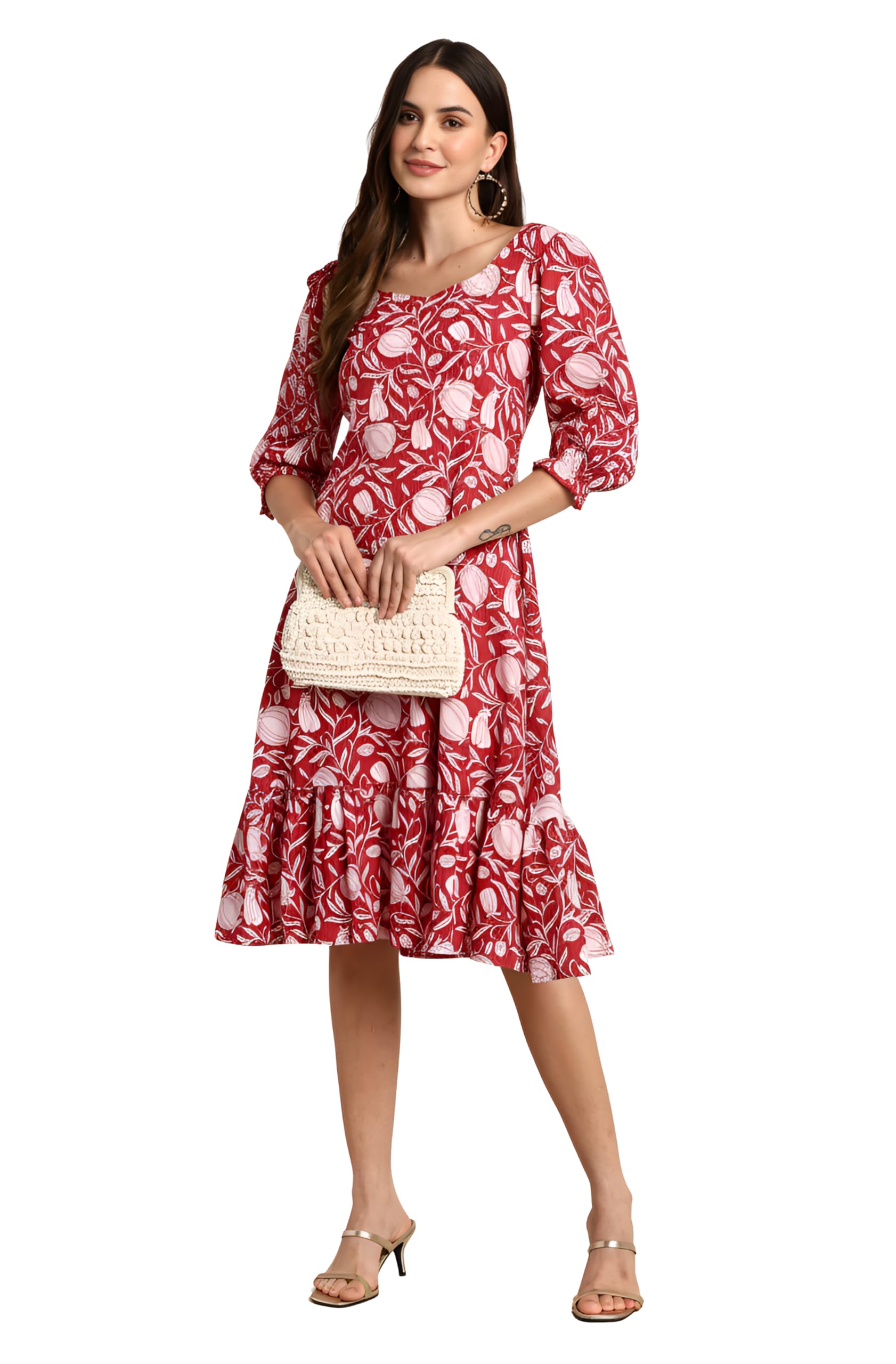 Anouk Women's Cotton Floral A-line Western Dress in neutral